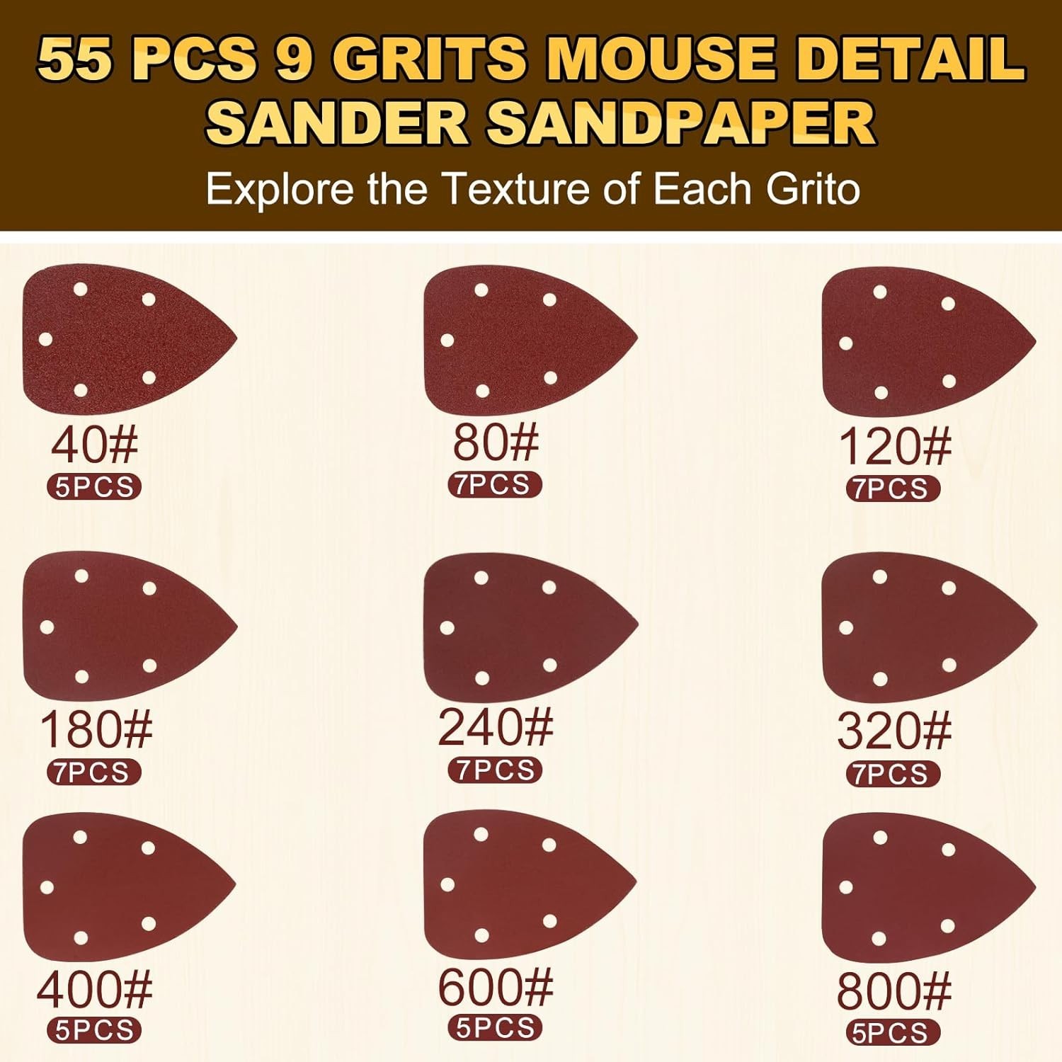 55pcs Mouse Detail Sander Sandpaper Triangle Sanding Pads 9 Grits 40-800