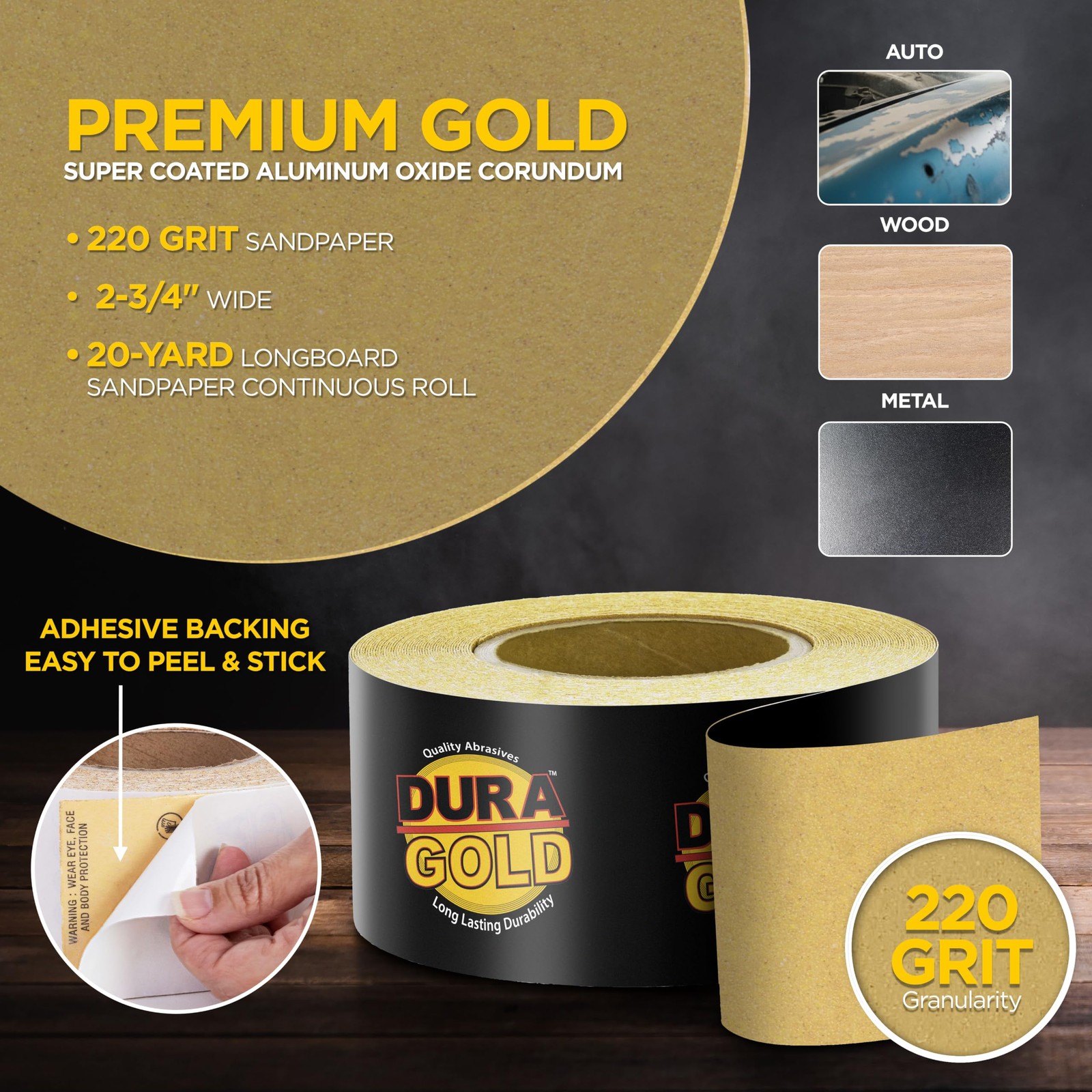 Dura-Gold Premium Gold 220 Grit PSA Longboard Sandpaper, 20 220-Grit,