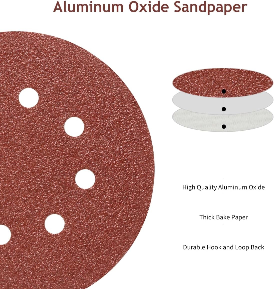 5 Inch 8 Hole Sanding Discs Hook and Loop, 50 PCS 80 Grit Round Sand Paper Disc,