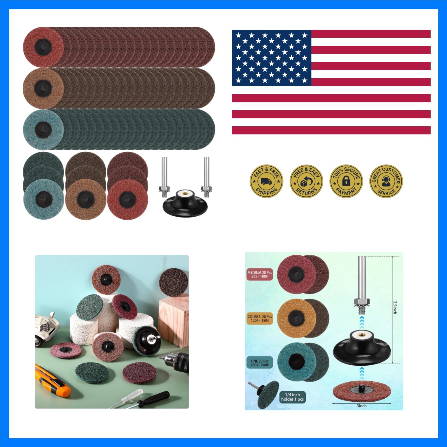 60 Pcs 3 Inch Lock Sanding Discs Surface Conditioning Disc with 1/4″ Holder f…