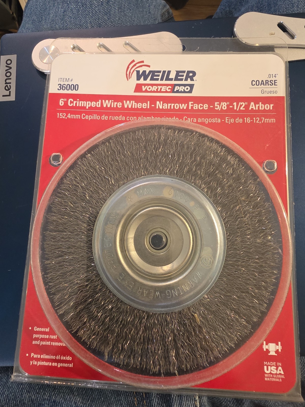 Weiler Vortec Pro 6 in.Coarse Crimped Wire Wheel Brush 5/8-1/2 Arbor Hole USA