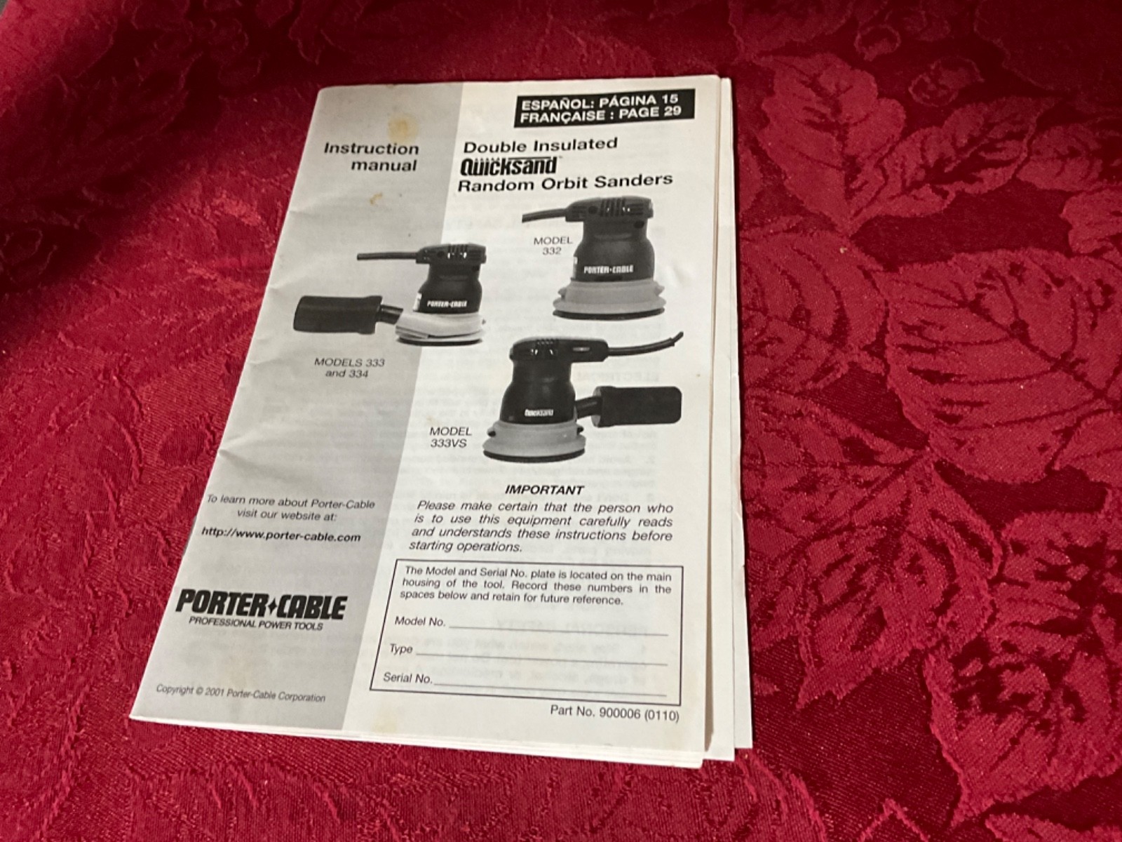Porter Cable Quicksand Random Orbit Sanders Instruction Manual 332, 333, 334 GUC