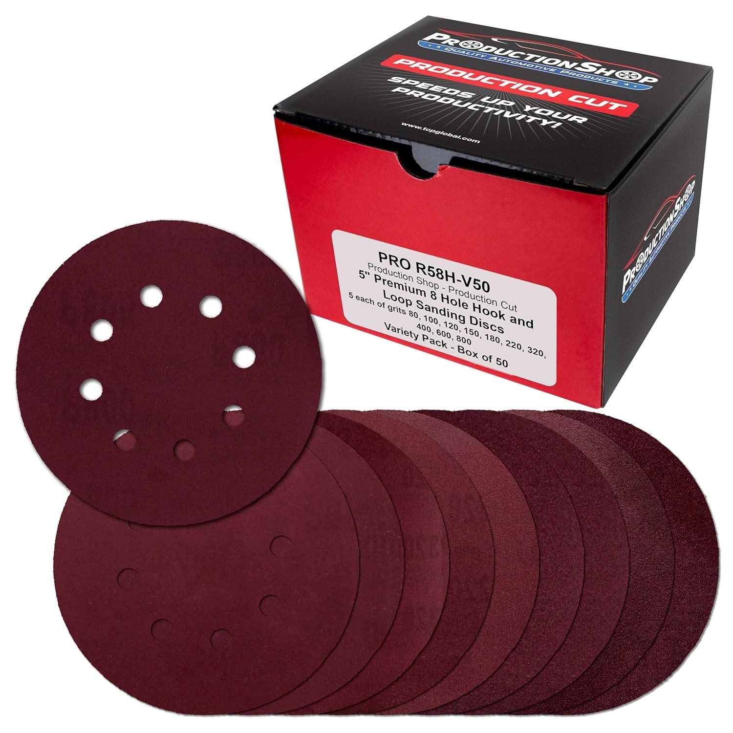 Ultimate 50-Pack 5″ Red 8-Hole Sanding Discs – Multiple Grit Options Available