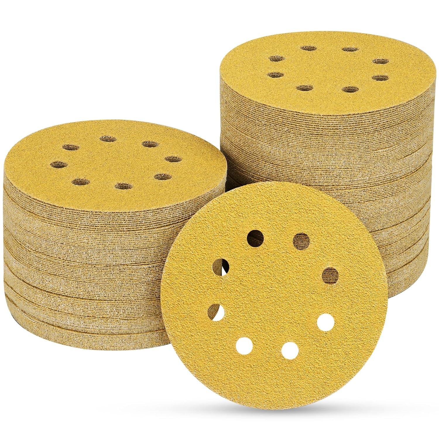 50PCS 5 inch 8-H Sanding Discs P60-320 Gold Round Hook and Loop 125MM Sandpaper