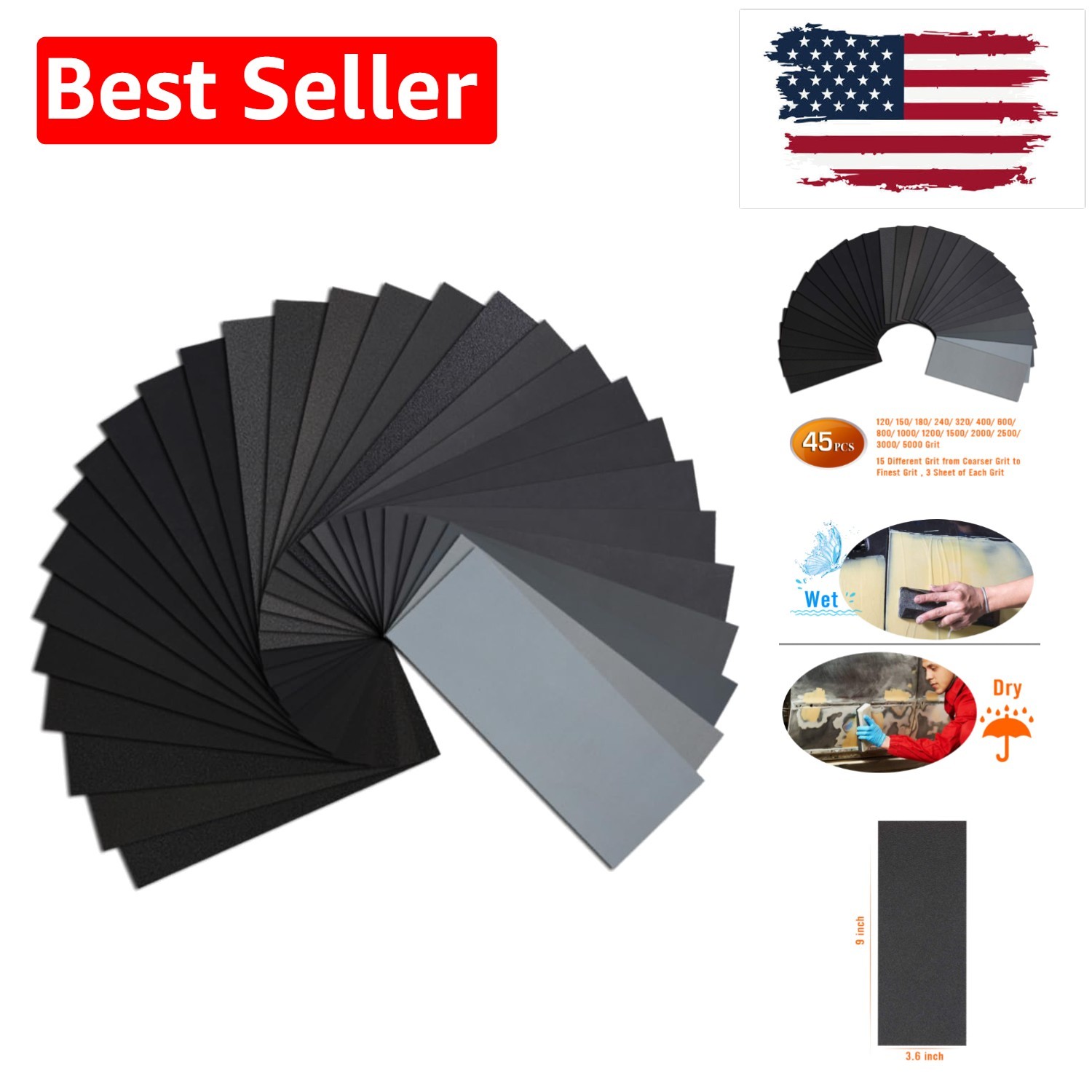 45PCS Sandpaper, Wet Dry Waterproof Sand Paper, 120 to 5000 Assorted Grit Sa…