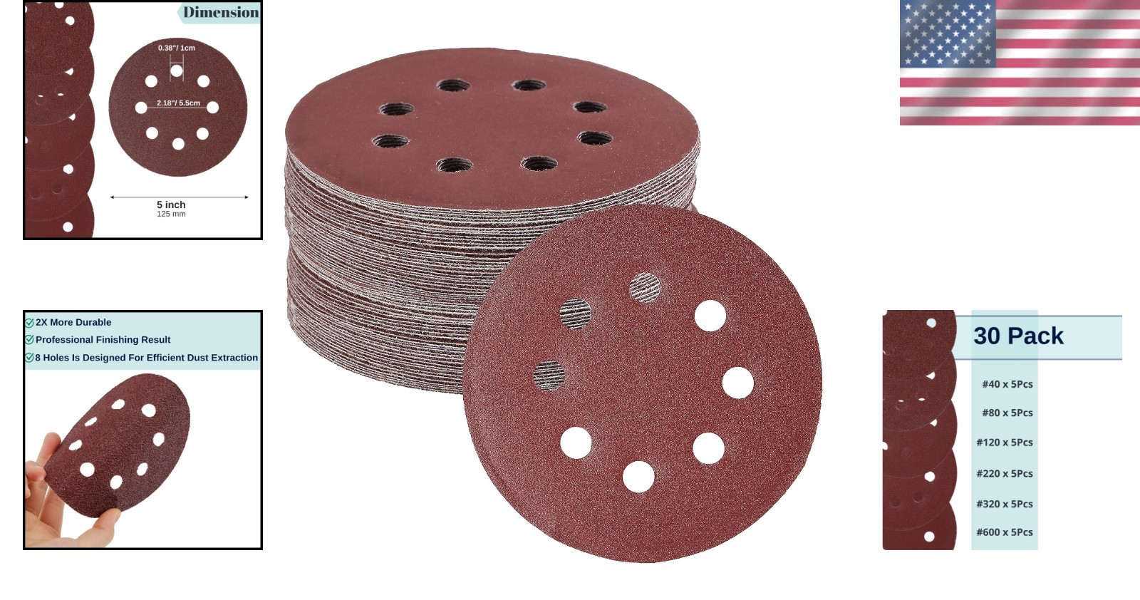 Bates 5-Inch Sanding Discs 30 Pack, Assorted Grits 40-600 for Perfect Finishes