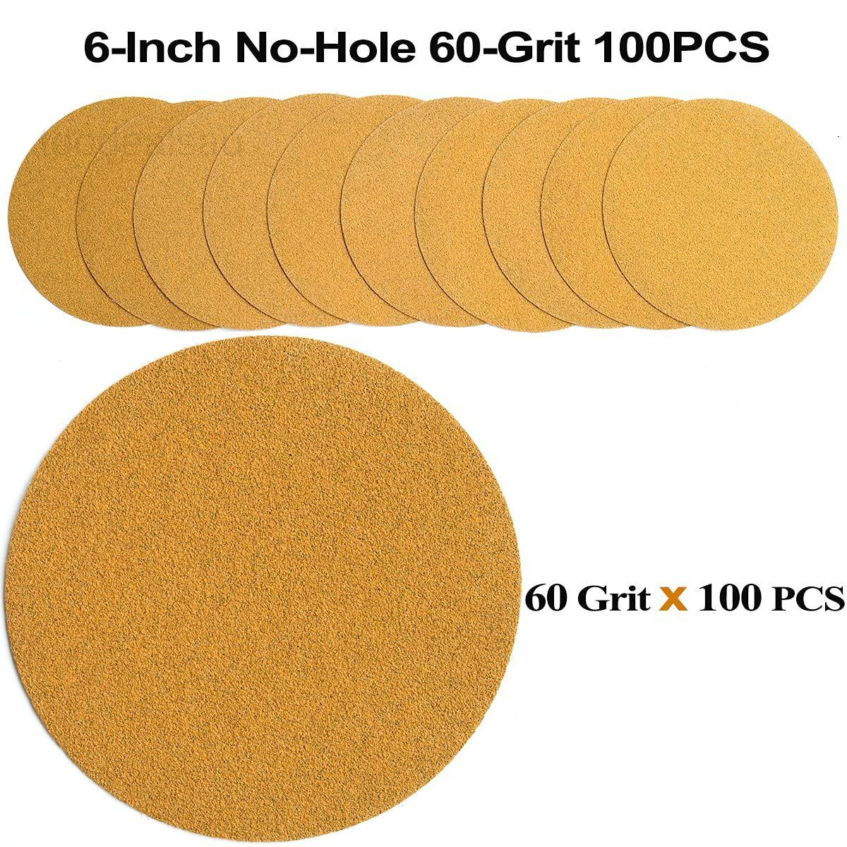 6-Inch No-Hole Hook and Loop Sanding Discs 60-Grit, 60 Grit, Gold