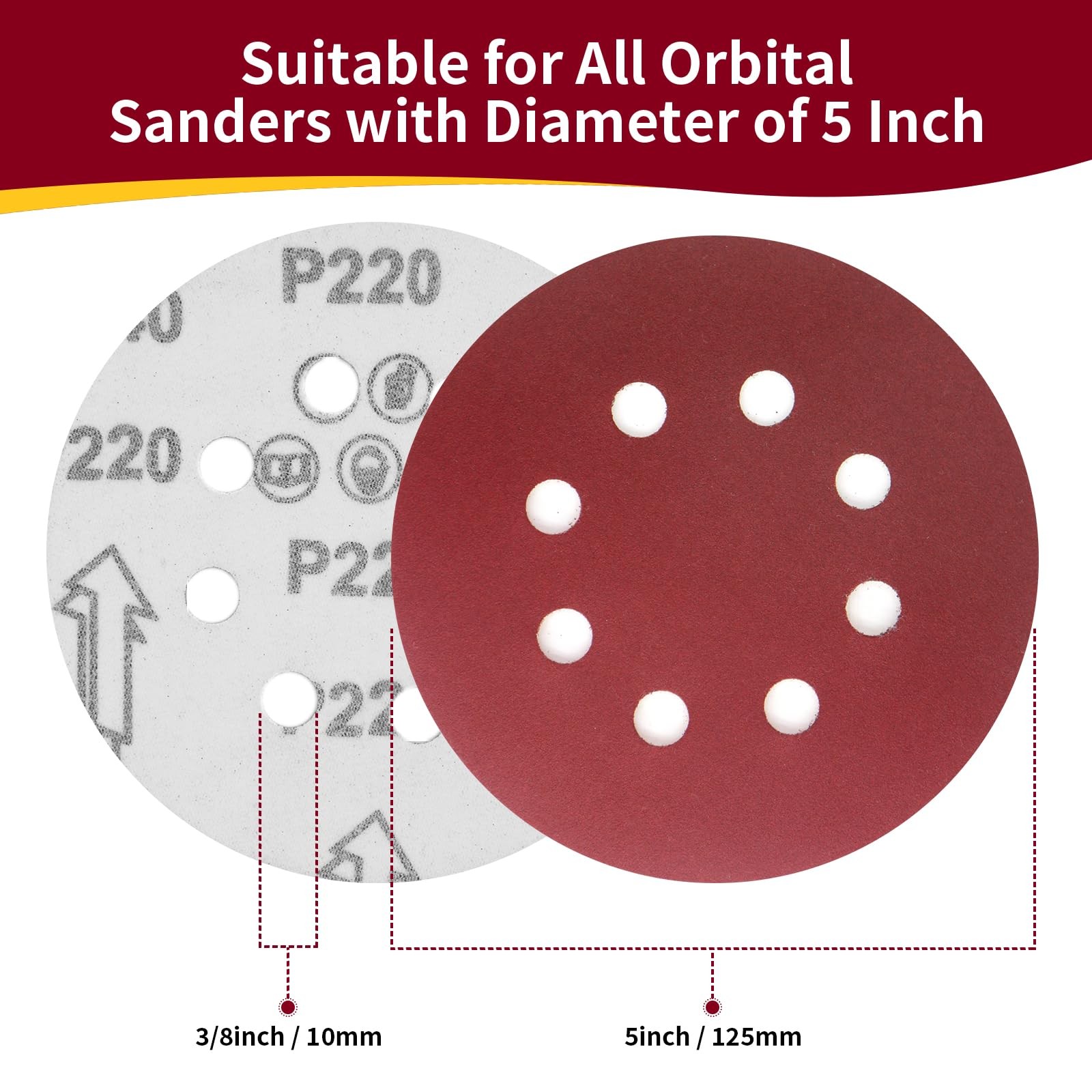 Tibaebe 50 PCS 5 Inch 8 Hole Sanding Discs, Adhesive Hook and 5 – 50 Pcs
