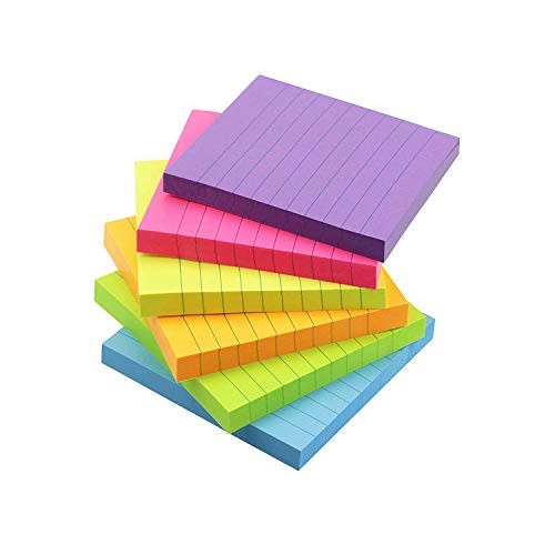 6 Bright Color Lined Sticky Notes Self-Stick Notes 3 in x 3 in, 100 3×3 in