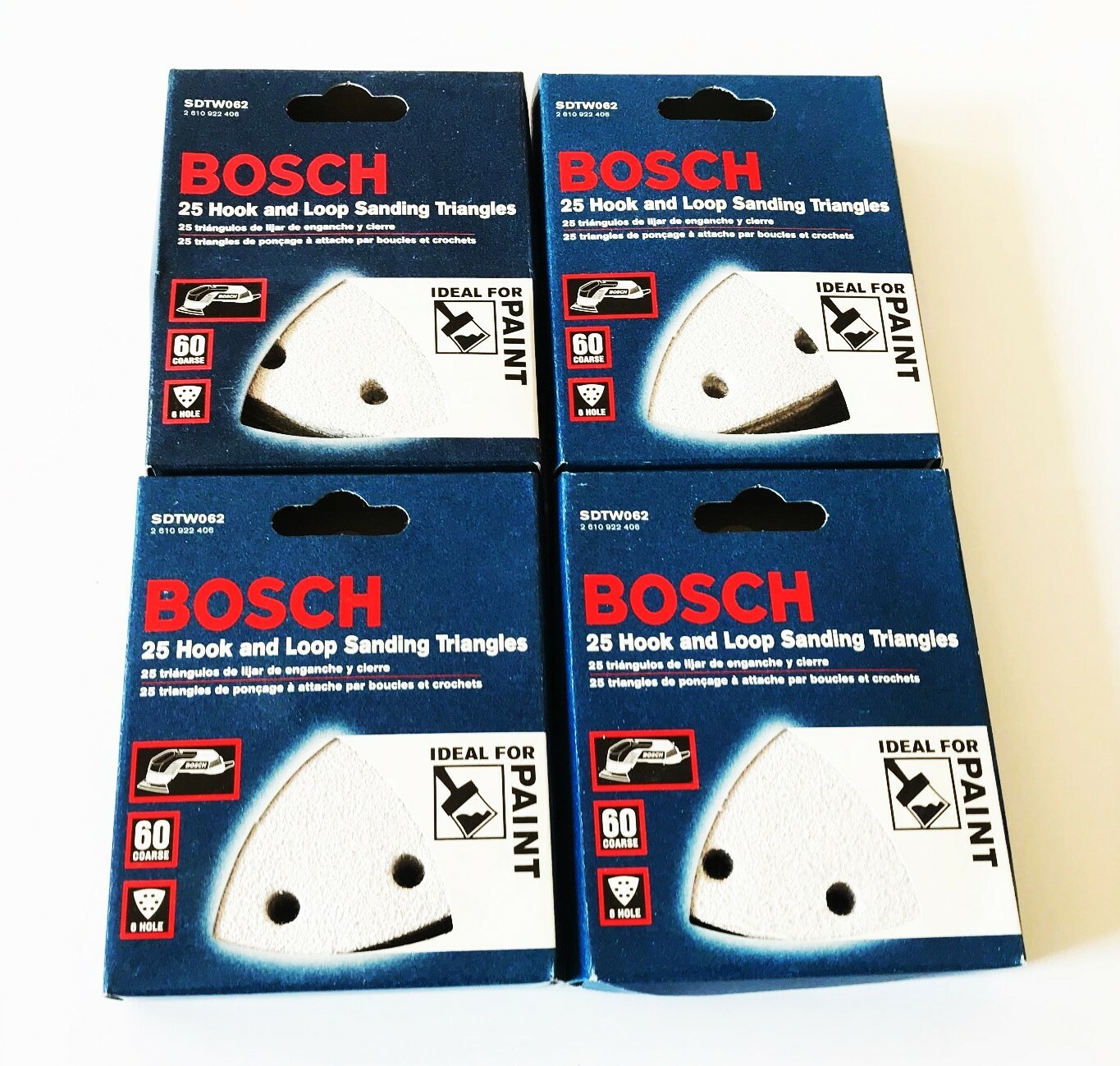 100 BOSCH HOOK AND LOOP SANDING TRIANGLES DISCS 60 GRIT 6 HOLE ITALY SDTW062