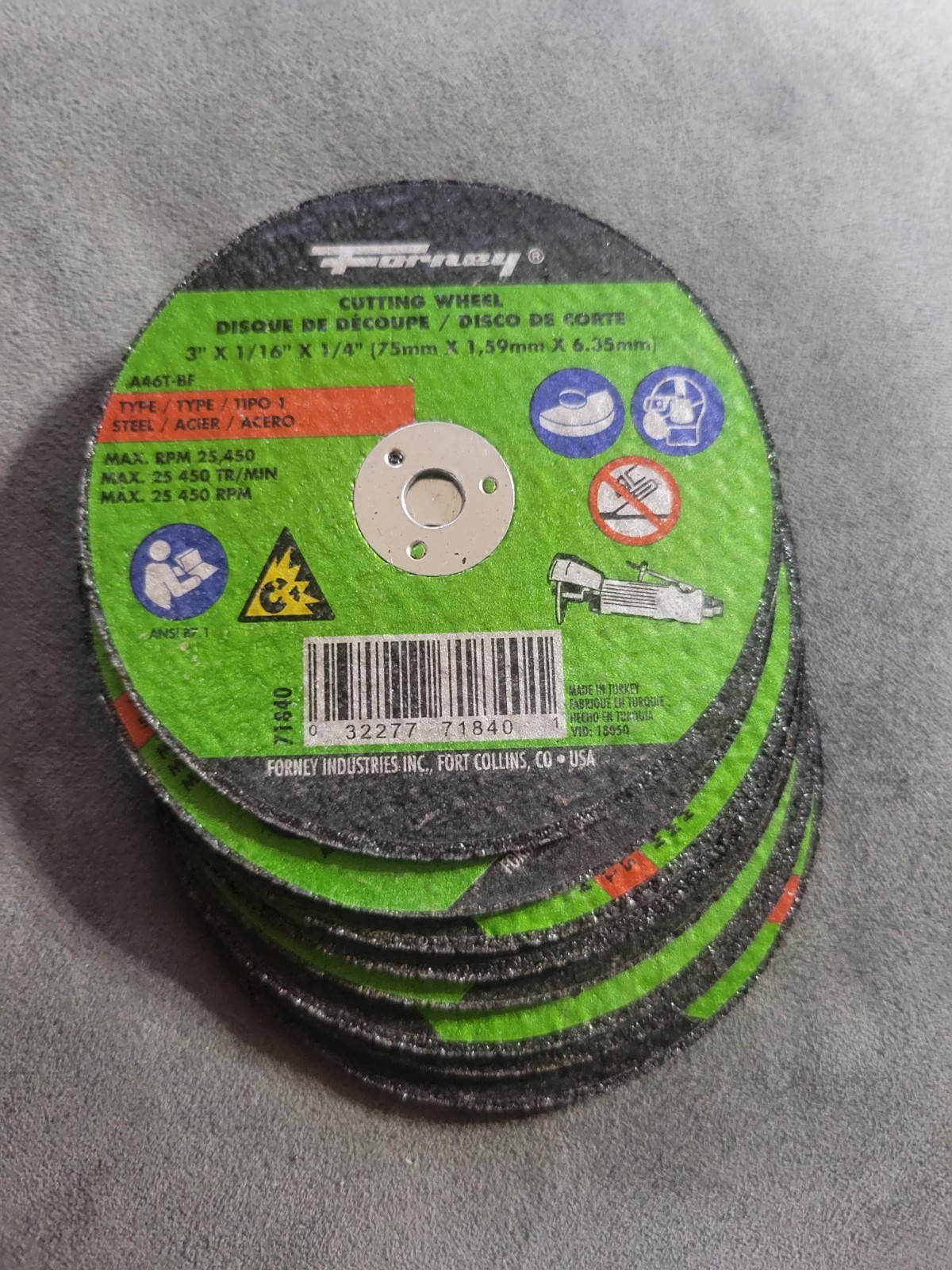 Lot Of 8 Forney 71840 Aluminum Oxide 25,450 rpm 3 Dia. in. Cut-Off Wheel 1/16 in