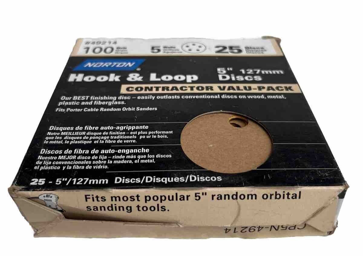 Norton 49214 5″ 100 Grit Hook & Loop Sanding Discs 25-Pack Orbital Sander USA