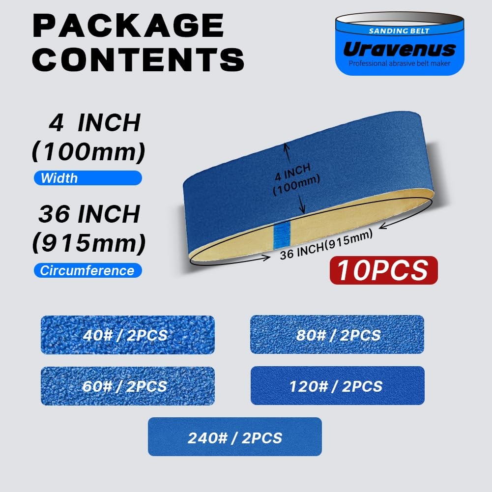 4 x 36 Inch Sanding Belts, 10 Pcs Assorted Grits (40/60/80/120/240), Zirconia Sa