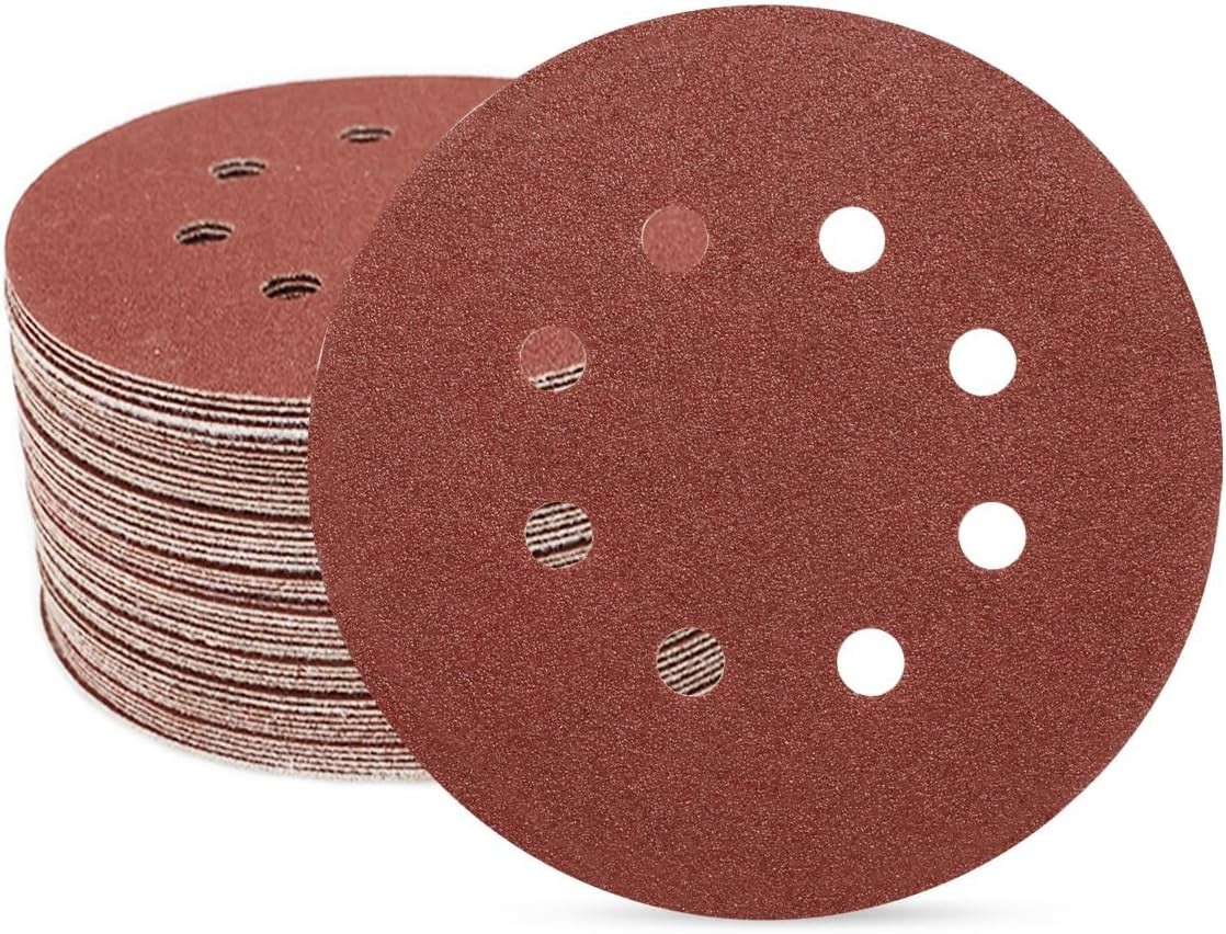 5 Inch 8 Hole Sanding Discs Hook and Loop, 50 PCS 80 Grit Round Sand Paper Disc,