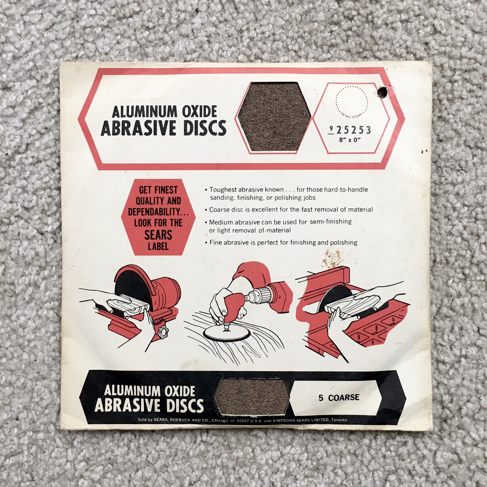 Vintage SEARS CRAFTSMAN Aluminum Oxide Abrasive Discs 8” NOS – 5 Coarse Discs