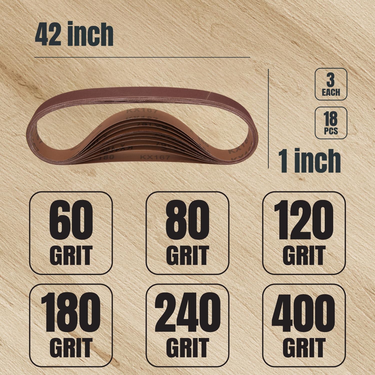 414201 1 X 42 Inch Sanding Belts 3 Each Of 60/80/120/180/240/400 Grits18pk Alumi