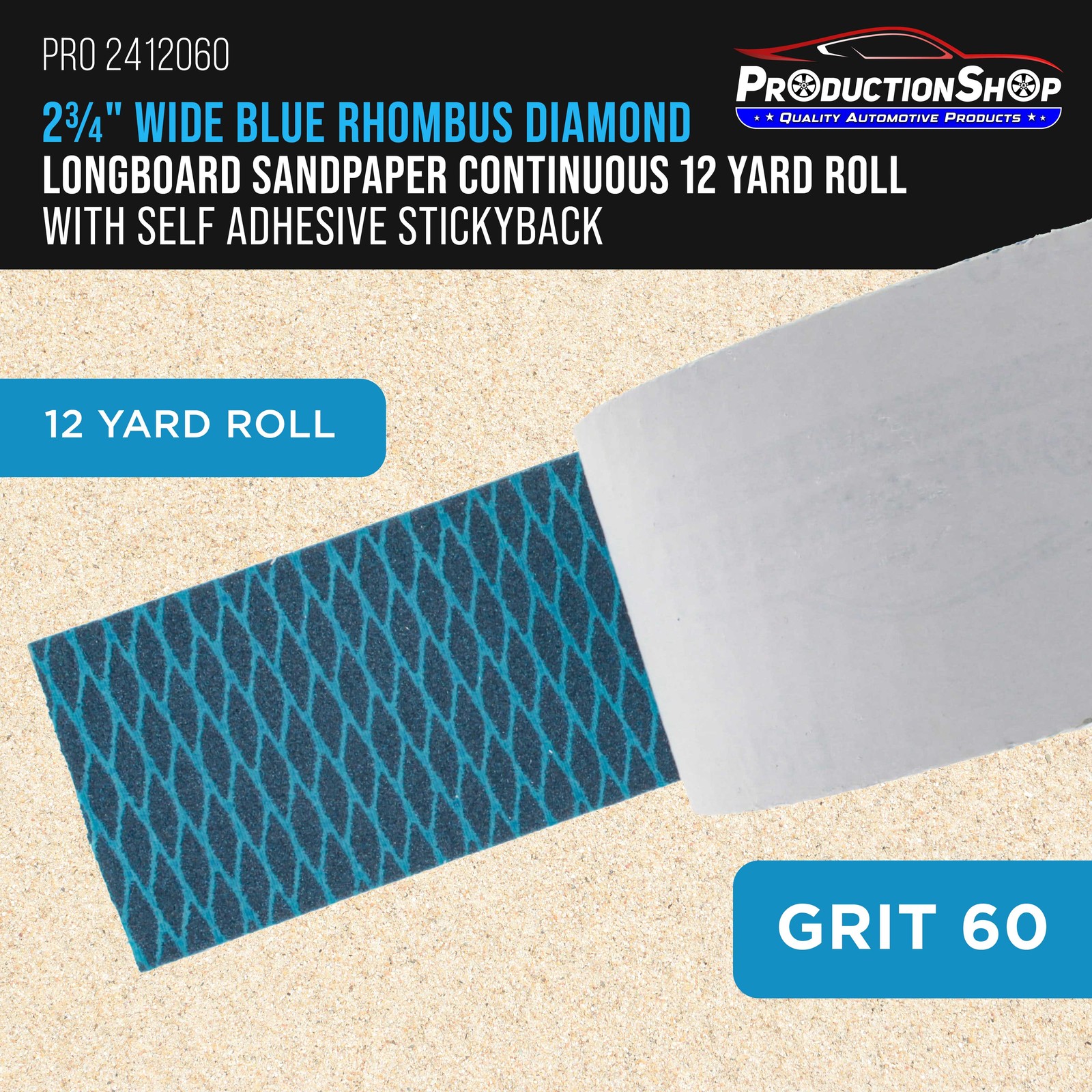 60 Grit PSA Diamond Shape Longboard Sandpaper 2.75″ x 12 Yard Roll Self Adhesive