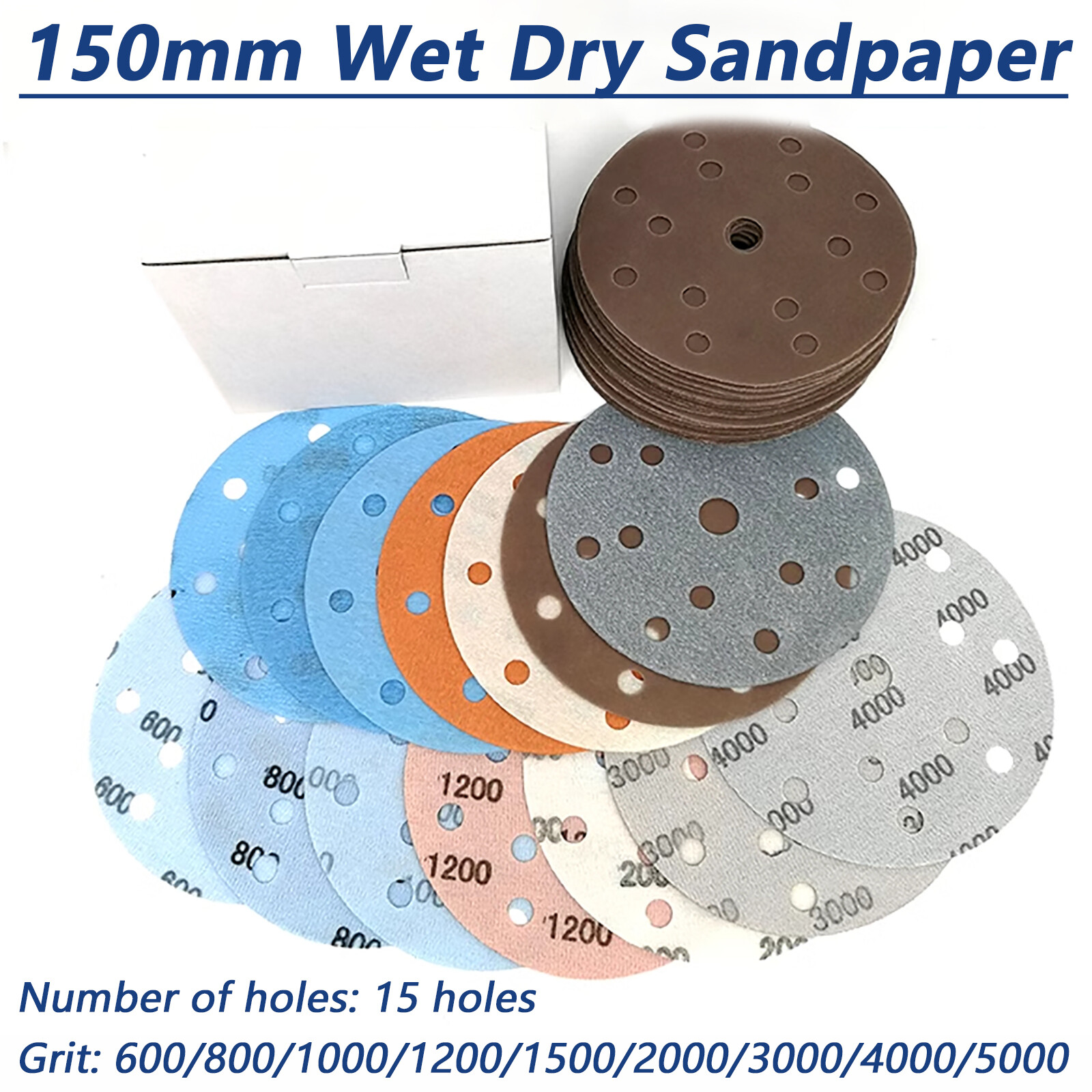 6 Inch 150mm Wet and Dry Sanding Discs Sandpaper Film Pads 600-5000 Grit 15 Hole