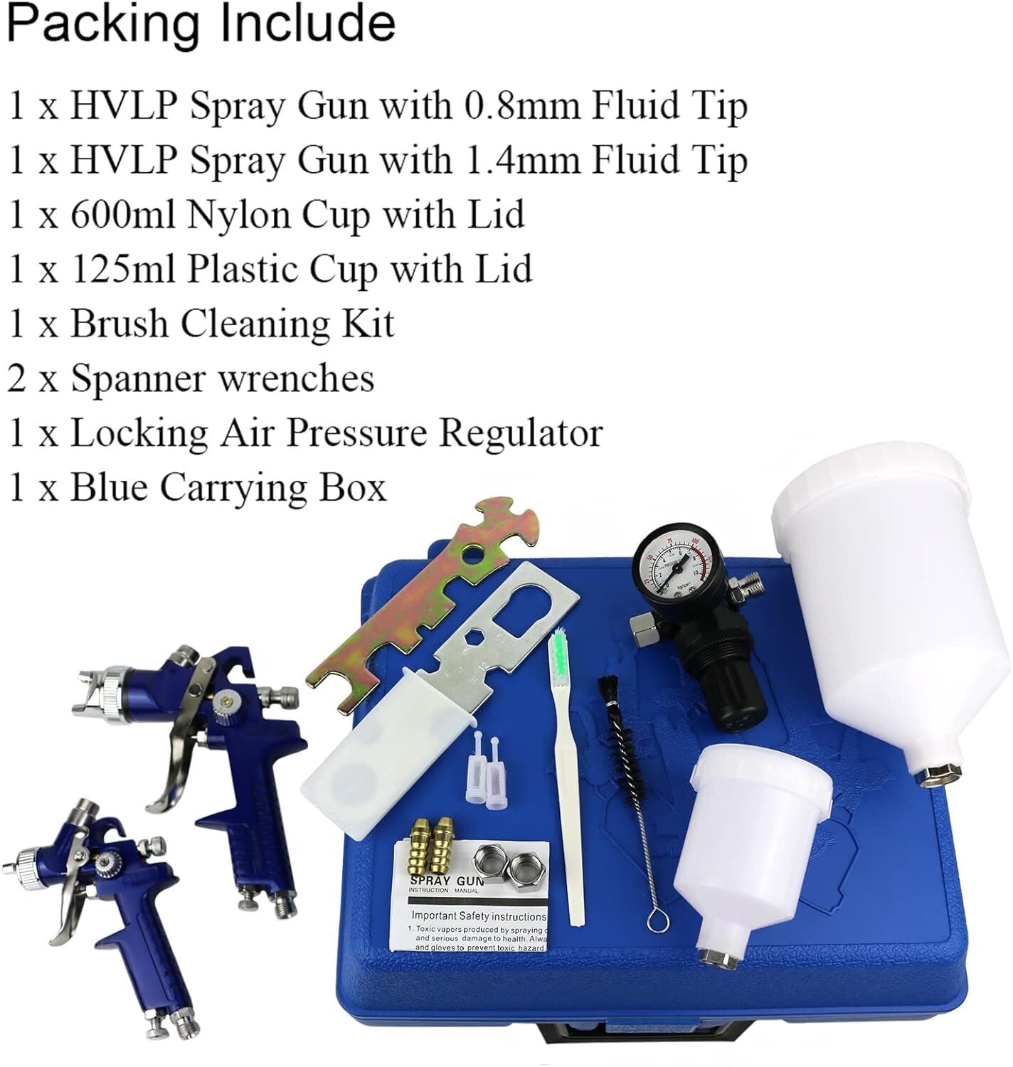 2 x HVLP Spray Gun Kit Air Gravity Feed Vehicle Car Paints 1.4MM 0.8MM Nozzle