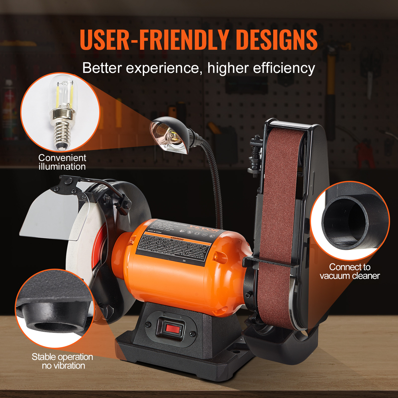 VEVOR Belt Grinder Sander Combo 8″ Bench Grinder and 2″x 28″ Belt 2.5A 3600RPM