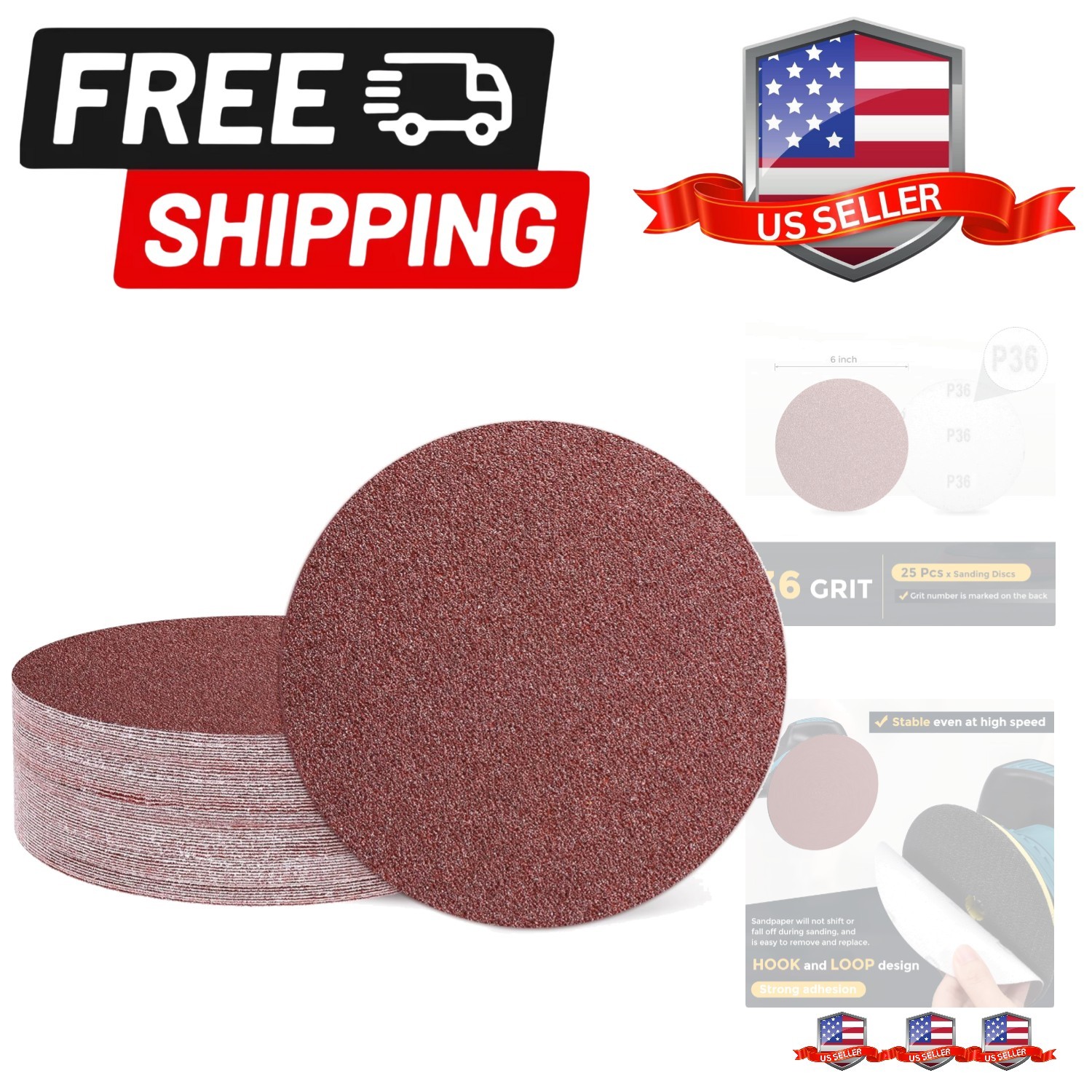 25 Pcs 6 Inch Sanding Discs, 36 Grit Hook and Loop Sandpaper, No-Hole Aluminu…