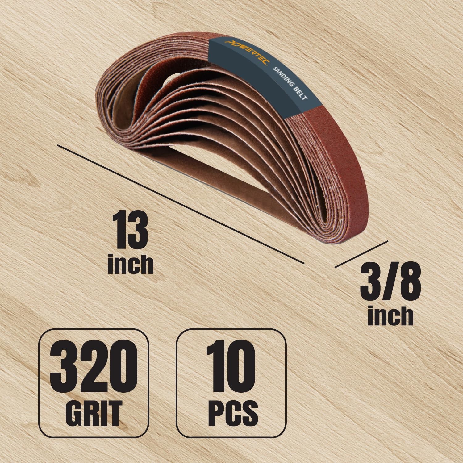 POWERTEC 3/8 x 13 Inch Sanding Belts, 10PK, 320 Grit Aluminum 320 Grit, 10PK
