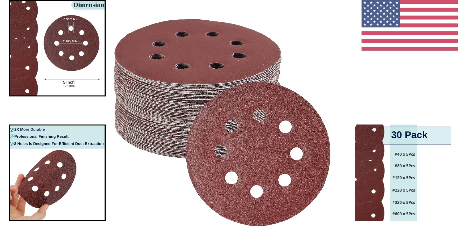 Bates 5 Inch Round Sanding Discs 30 Count Assorted Grits for Various Materials