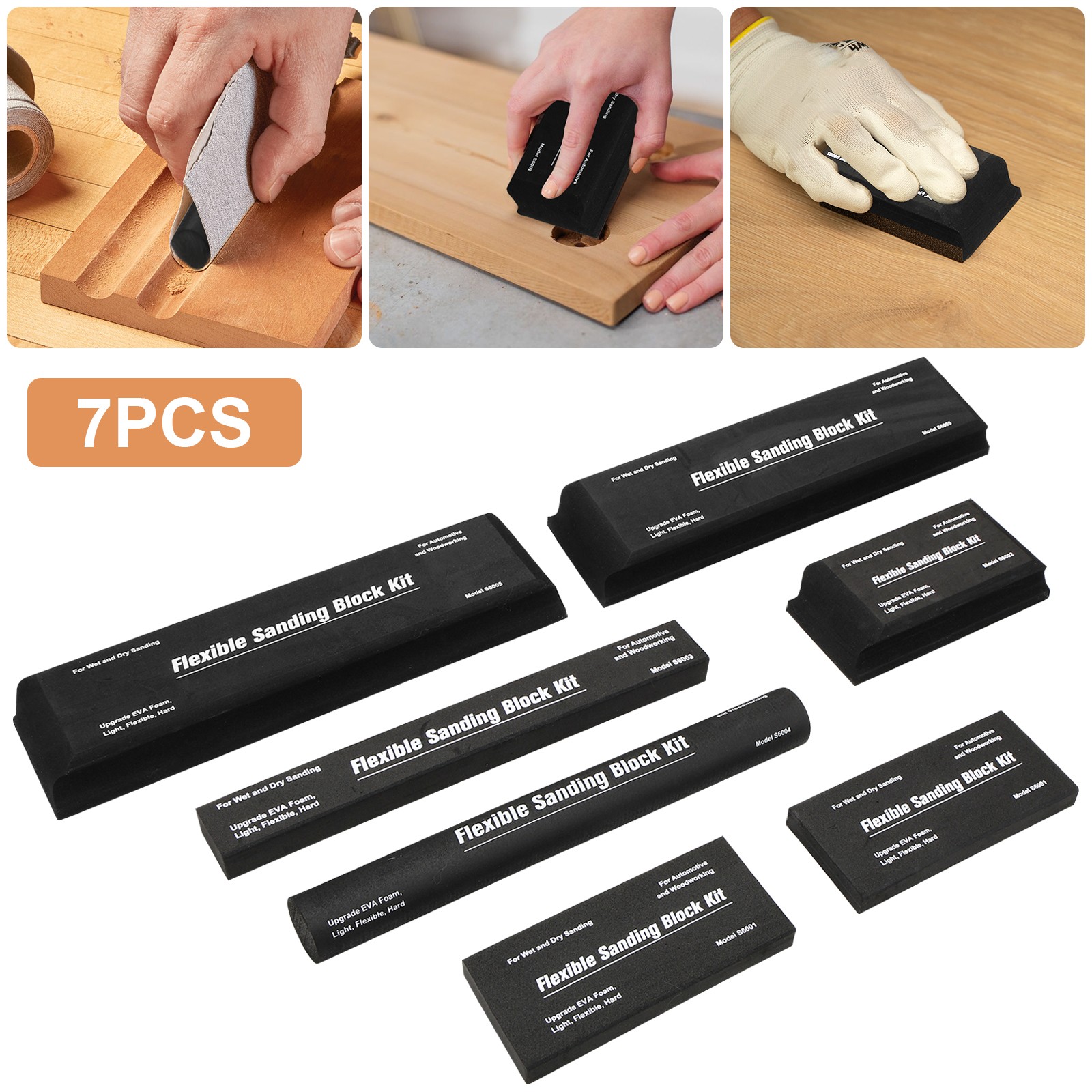 7x Sanding Block Kit Flexible EVA Foam Wet/Dry Various Shape Size for Auto Wood