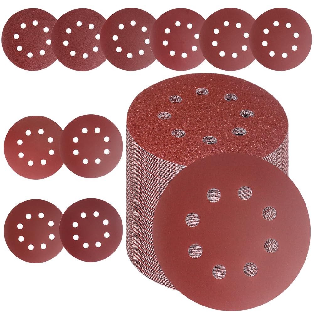 Tibaebe 50 PCS 5 Inch 8 Hole Sanding Discs, Adhesive Hook and 5 – 50 Pcs
