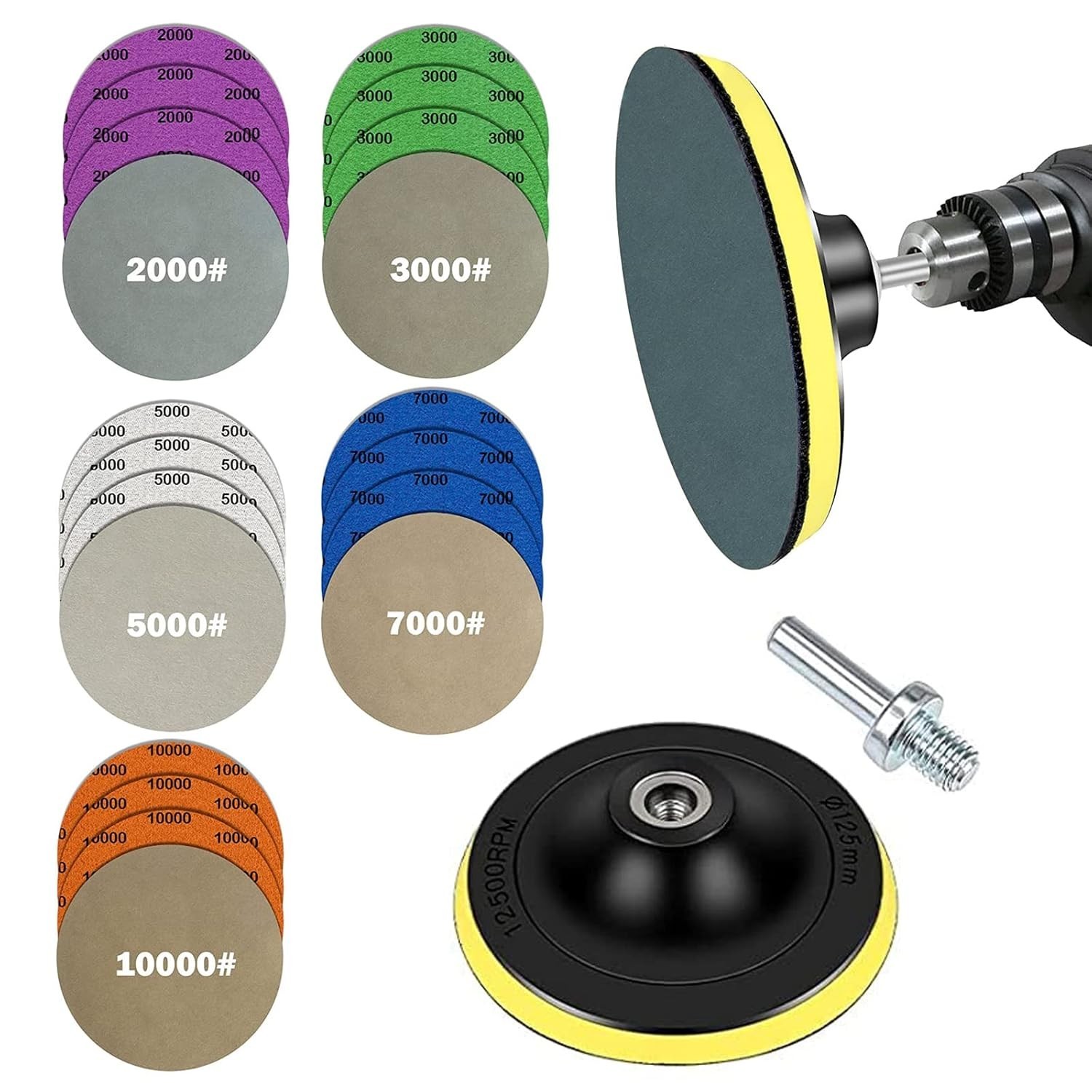 Water Grit Sandpaper 2000/3000/5000/7000/10000 and 5-inch Backing Pad Set, We