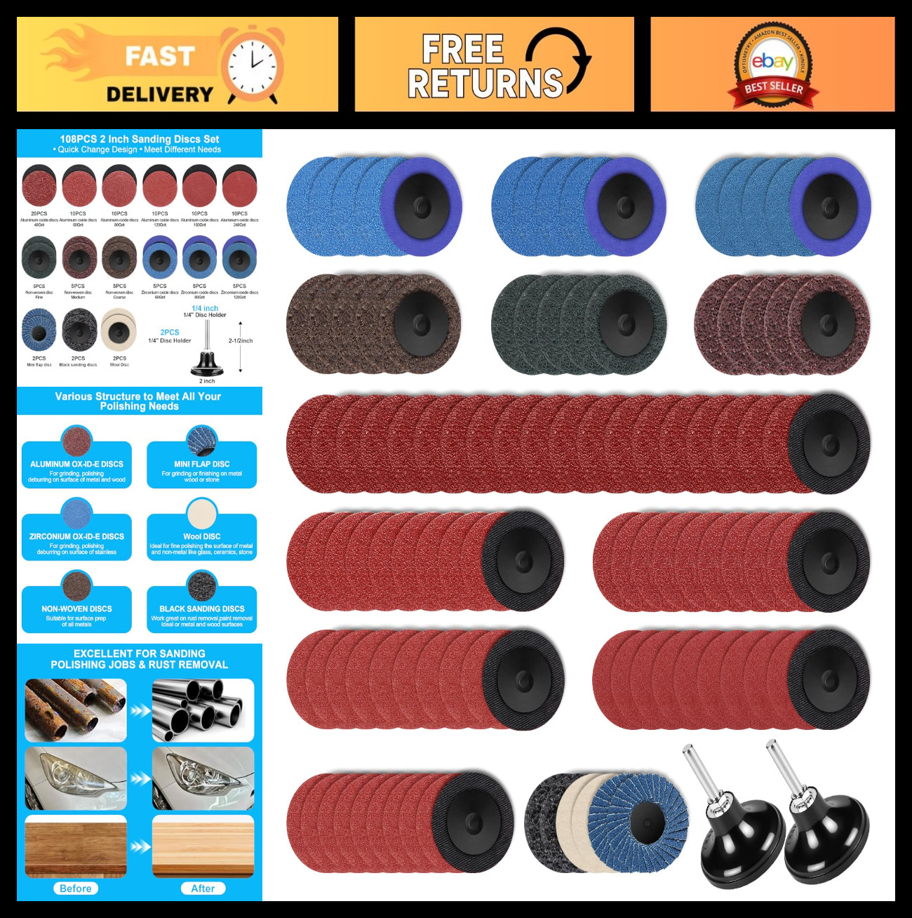 108Pcs 2″ Sanding Discs Set – Quick Change, Die Grinder Accessories for Rust & P