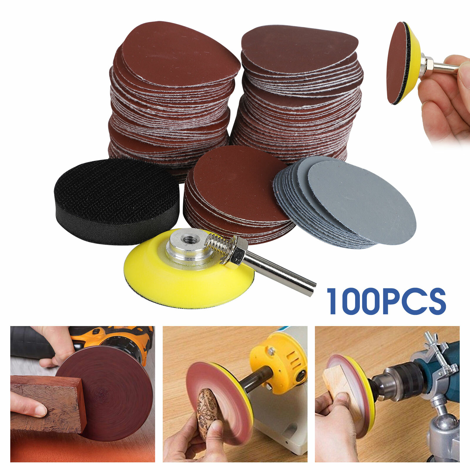 100PCS 2″ Sanding Disc Sand Paper Hook Loop Sander+Backer Pad+M6 Drill Adapter