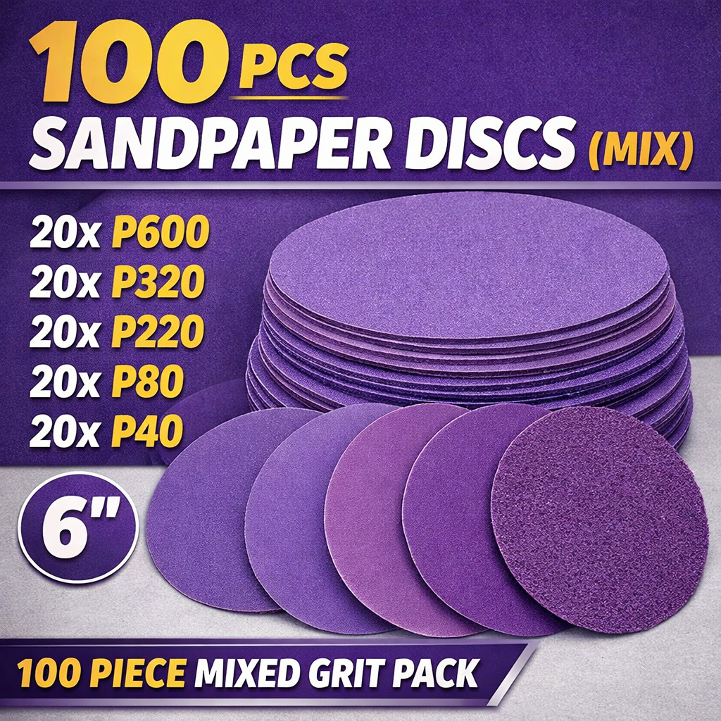 100 PCS 6 inch Sandpaper Discs Custom Pack Mix P40–P3000 Hook & Loop Purple