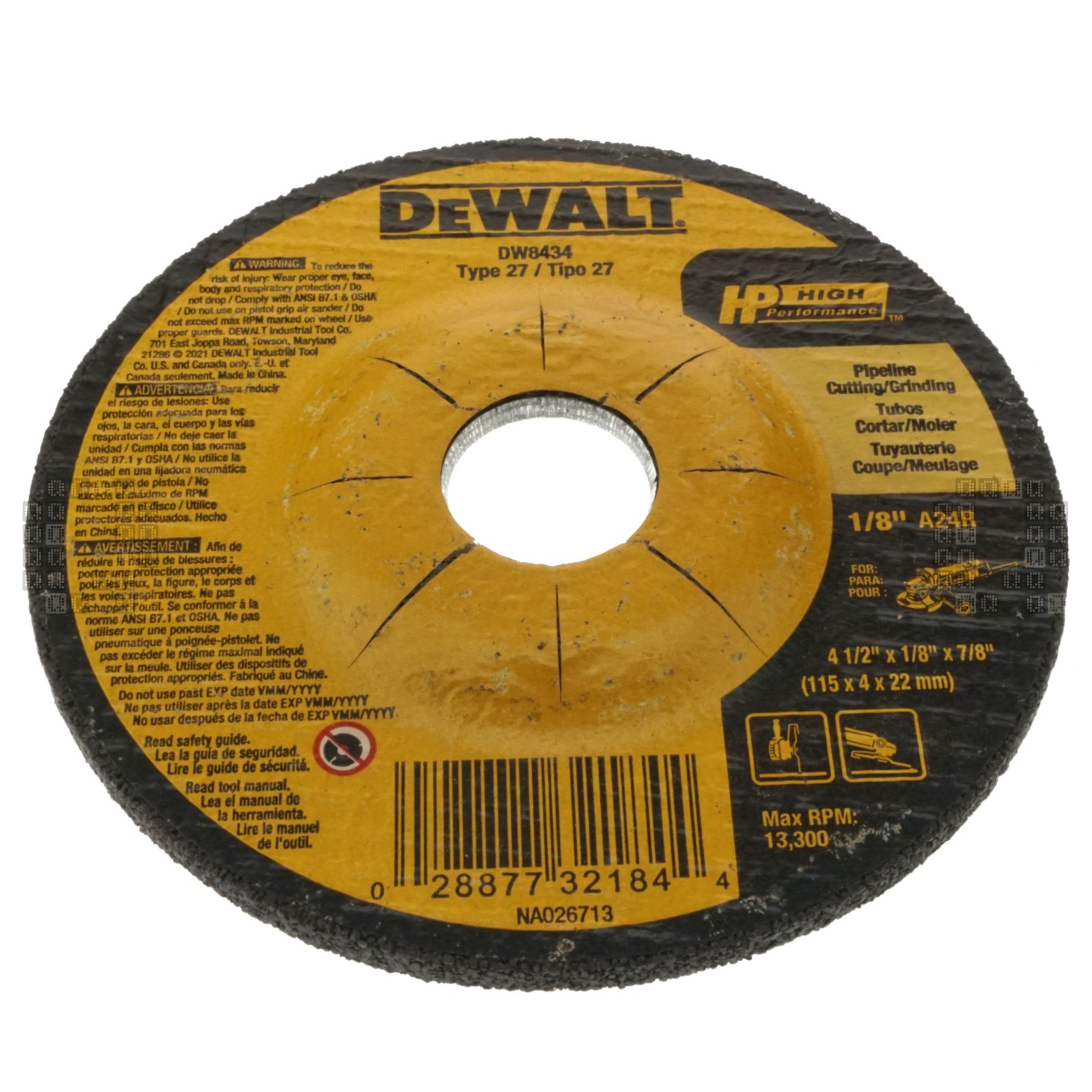 DeWALT DW8434 4-1/2″ Diameter Pipeline Cutting Grinding Wheel, 1/8″ Thickness