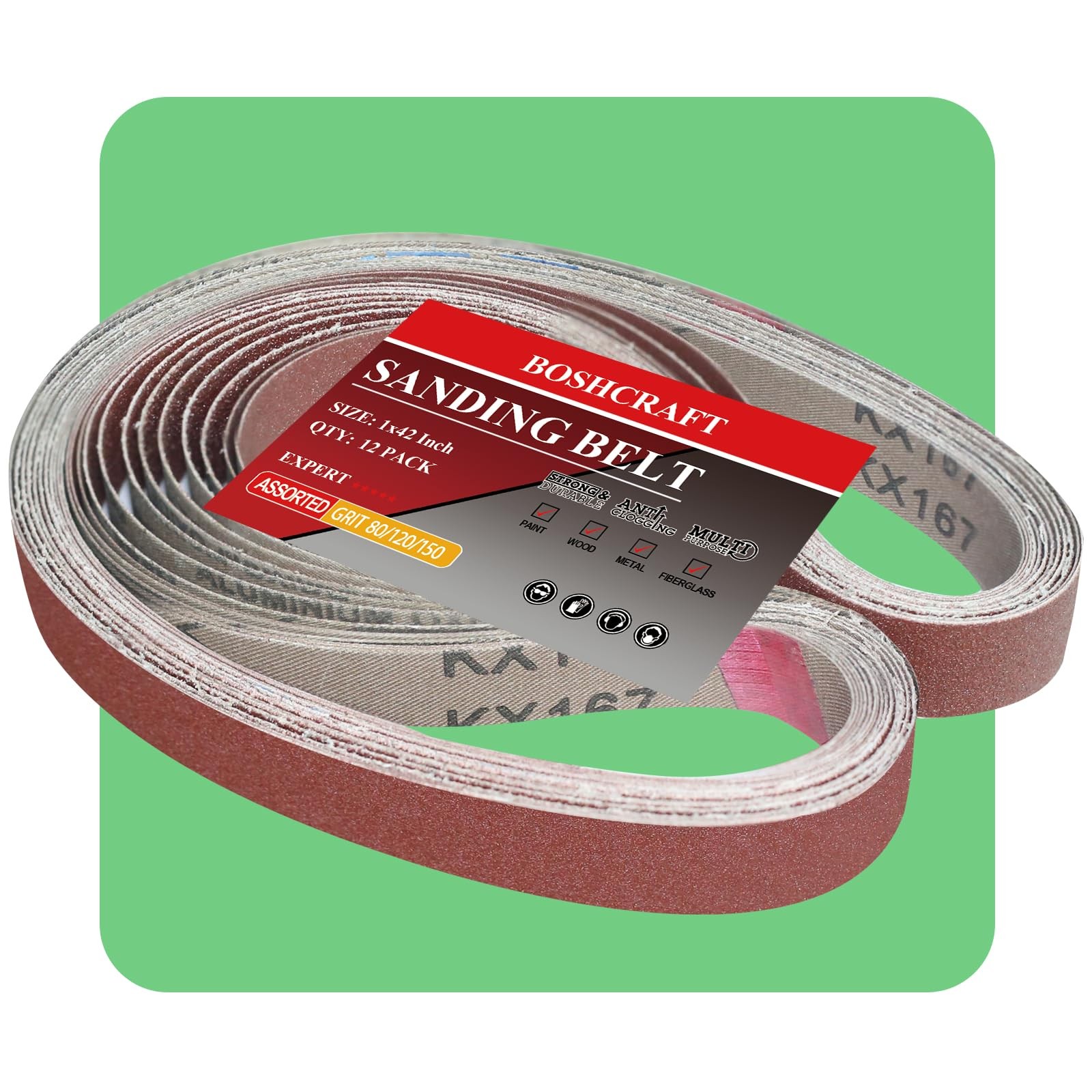 BOSHCRAFT 1 x 42 Inch Belt Sander Sanding Belt, 12 Pack 1 X 42 – 12