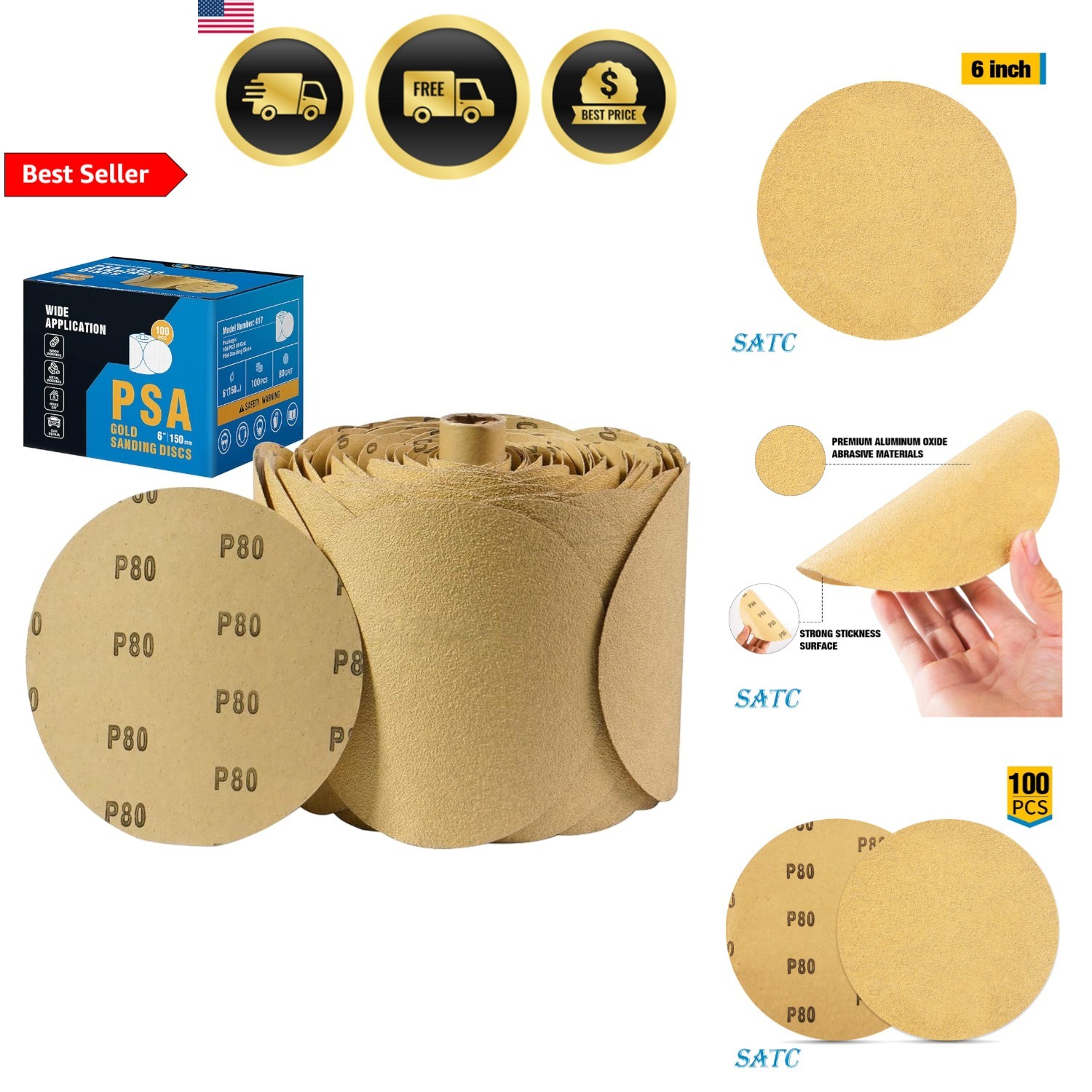 Sanding Discs 6 Inch 80 Grit Adhesive Backed Sandpaper 100pcs for Drill Auto