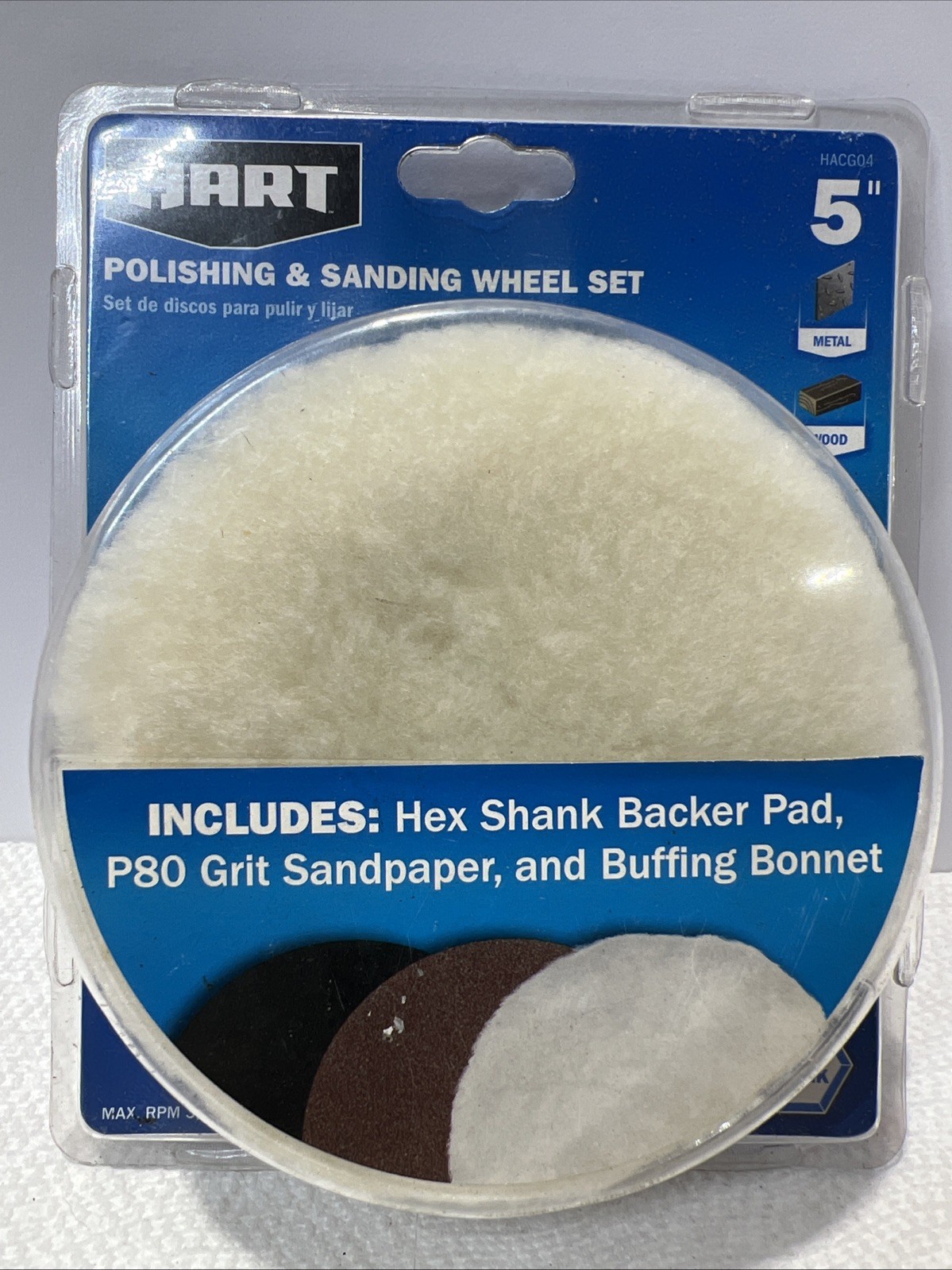 HART 5″ POLISHING & SANDING WHEEL SET 1/4”HexShank Backer Pad,P80 Sandpaper B5