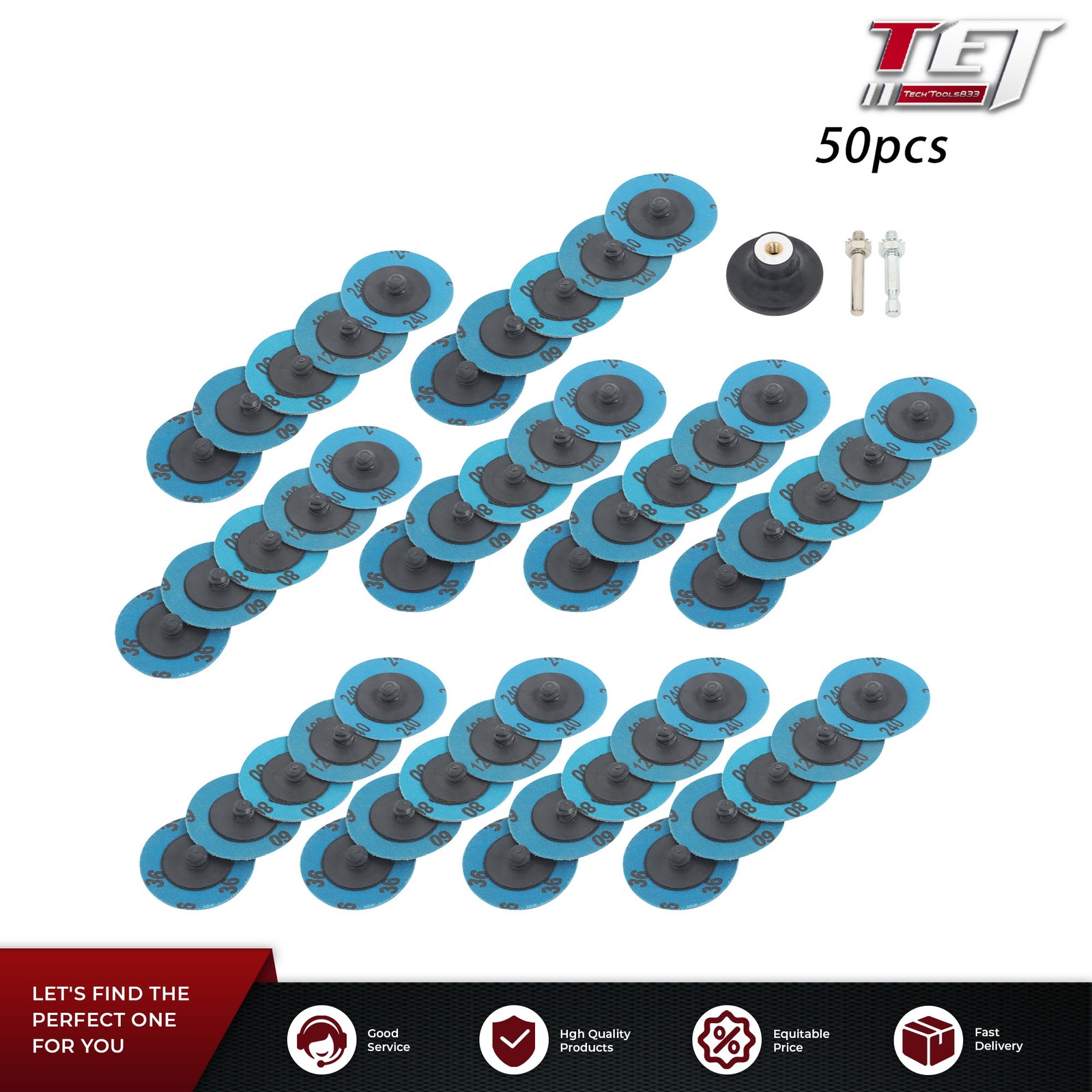 2 Inch Quick Change Sanding Discs Set of 50, 36/60/80/120/240 Grit