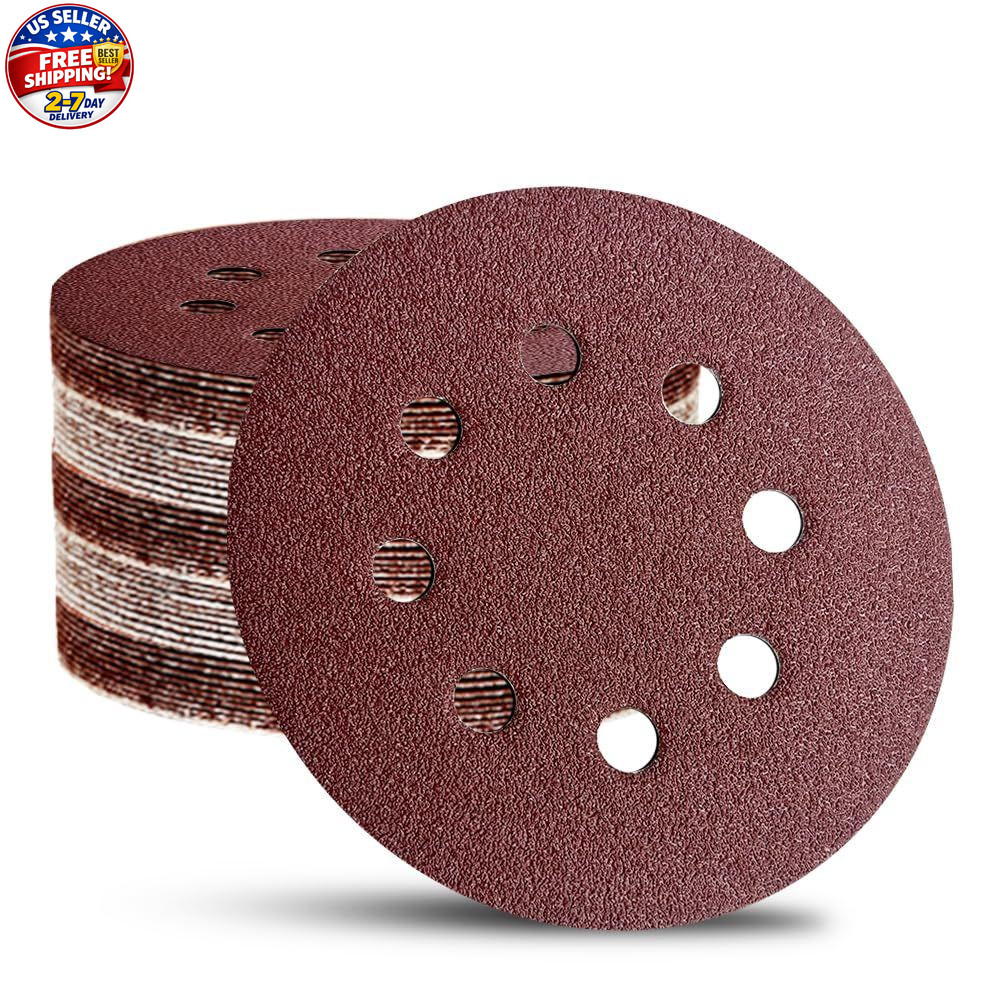52 Pack 5 Inch 8-Hole Hook and Loop Sanding Discs Sandpaper Red Round 60 80 120