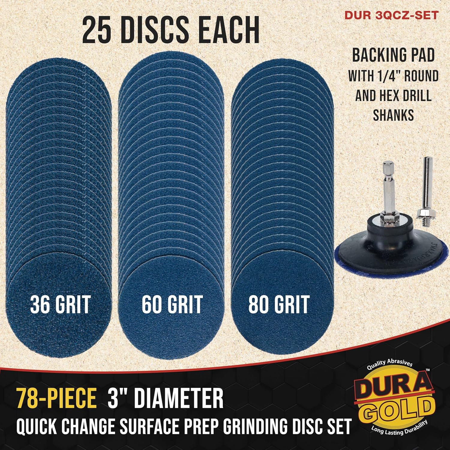 3 Inch Grinding Discs, 36, 60 & 80 Grit (25 Disc Each), R-Type Adapter & Backing