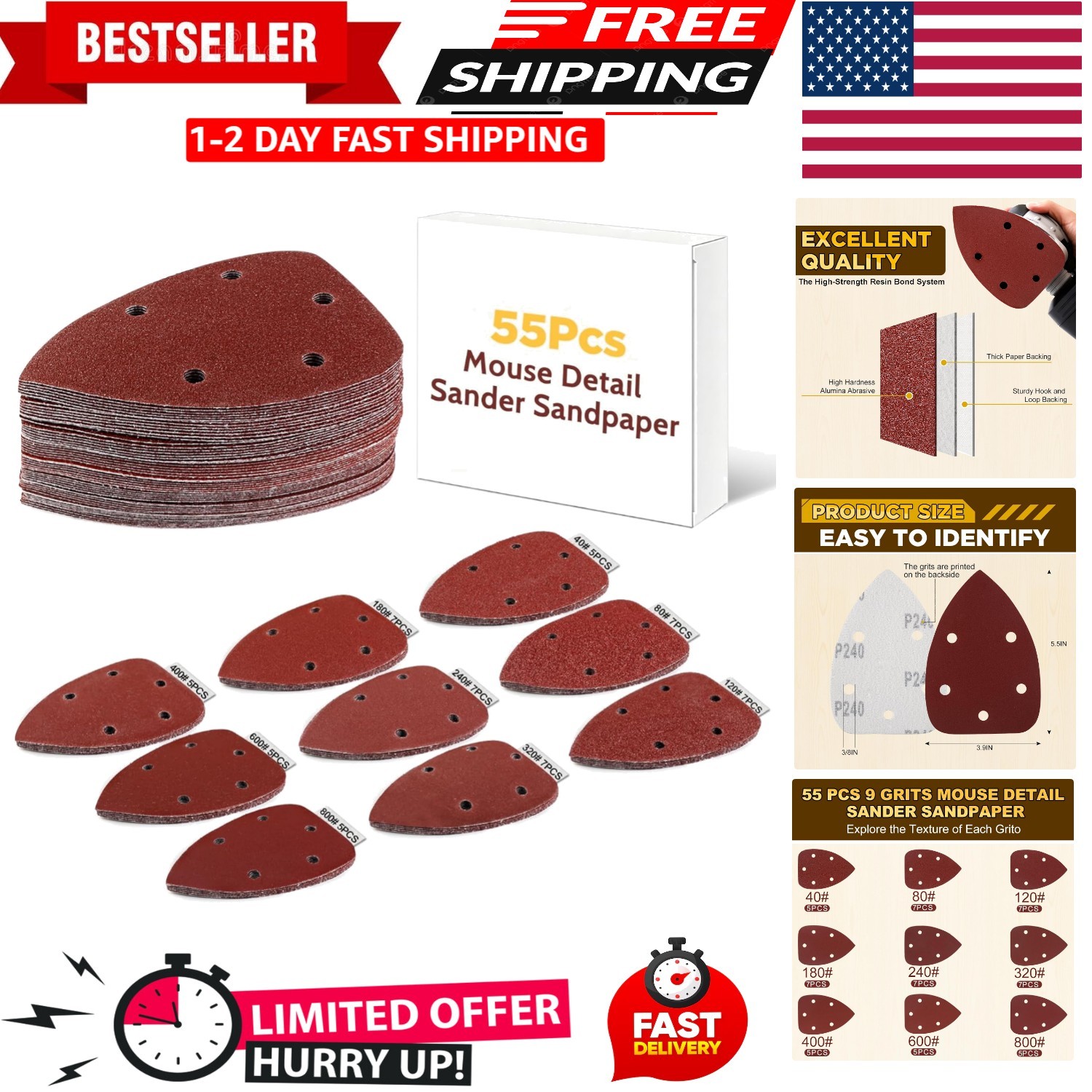 55pcs Mouse Detail Sander Sandpaper Triangle Sanding Pads 9 Grits 40-800