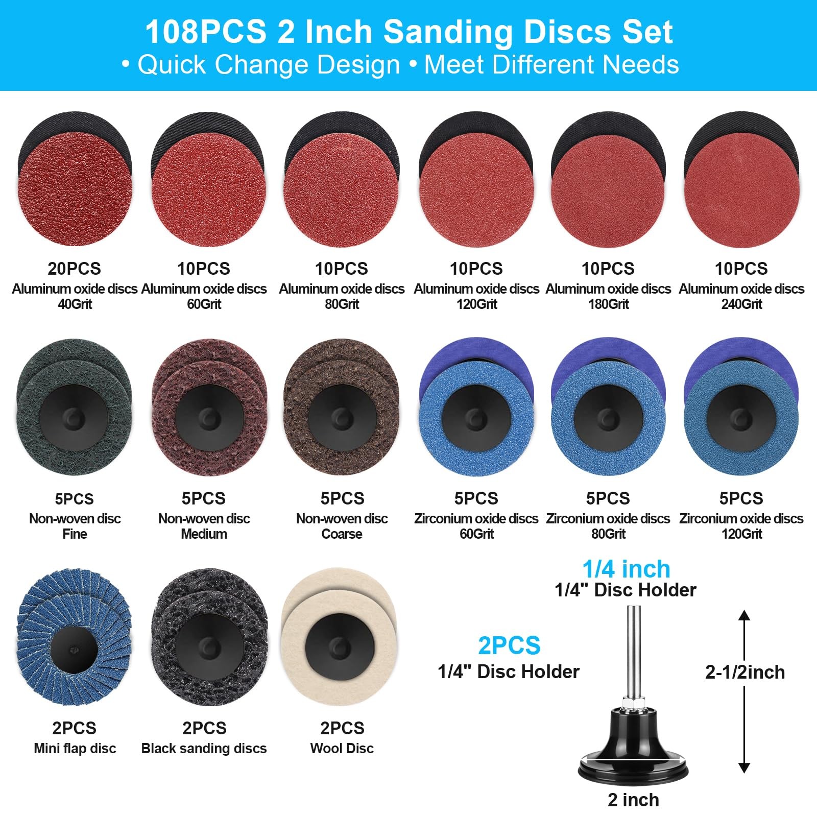 108PCS 2in Sanding Discs Set Quick Change Die Grinder Pads with 1/4 inch Holder