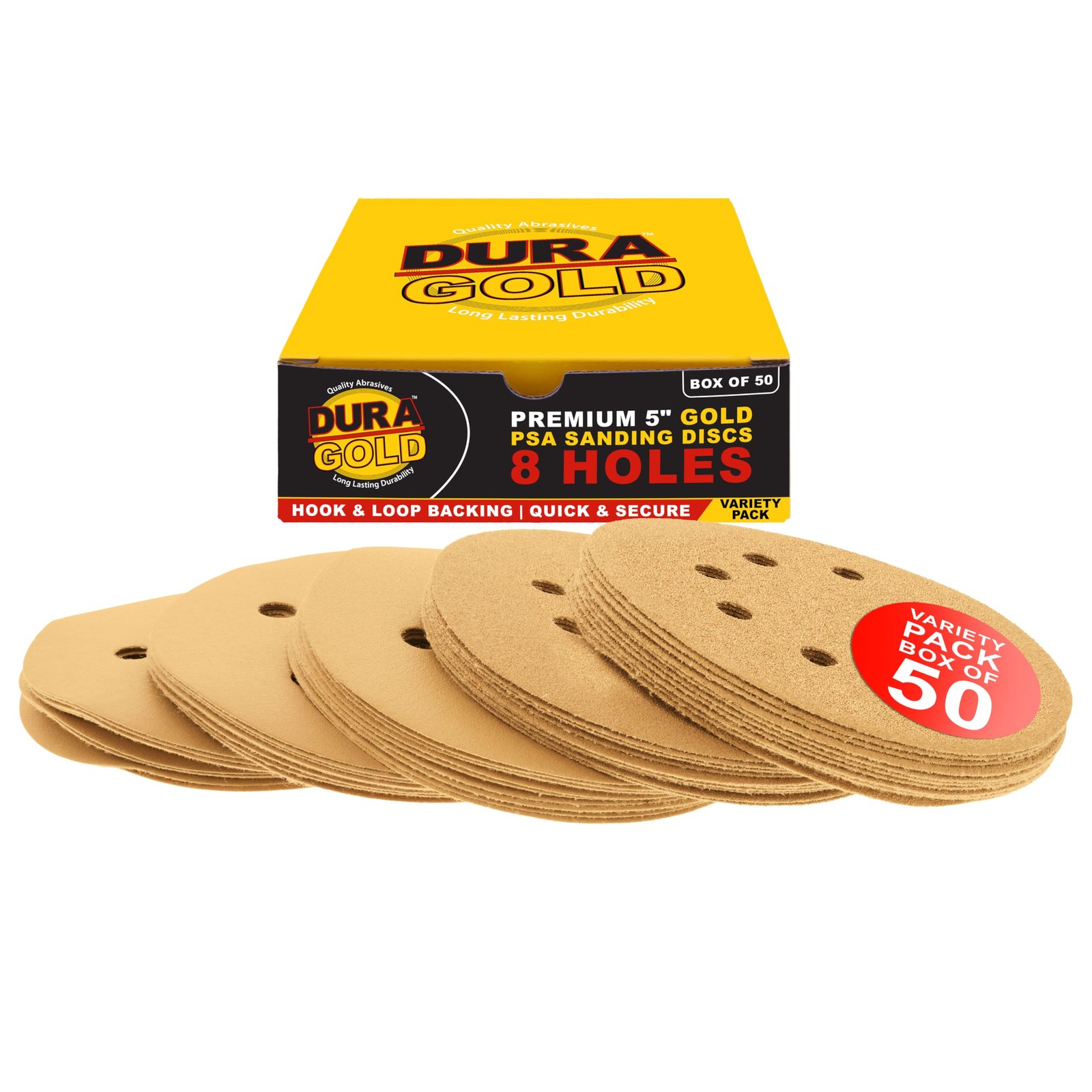 Premium – Variety Pack – 5″ Gold Sanding Discs – 8-Hole Dustless Hook and Loo…