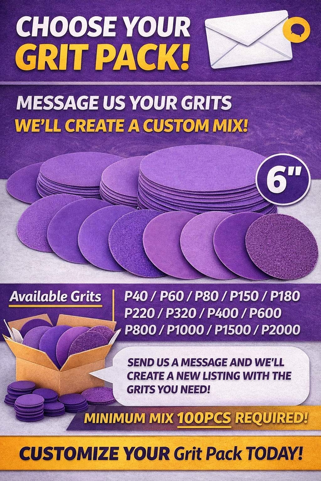 100 PCS 6 inch Sandpaper Discs Custom Pack Mix P40–P3000 Hook & Loop Purple