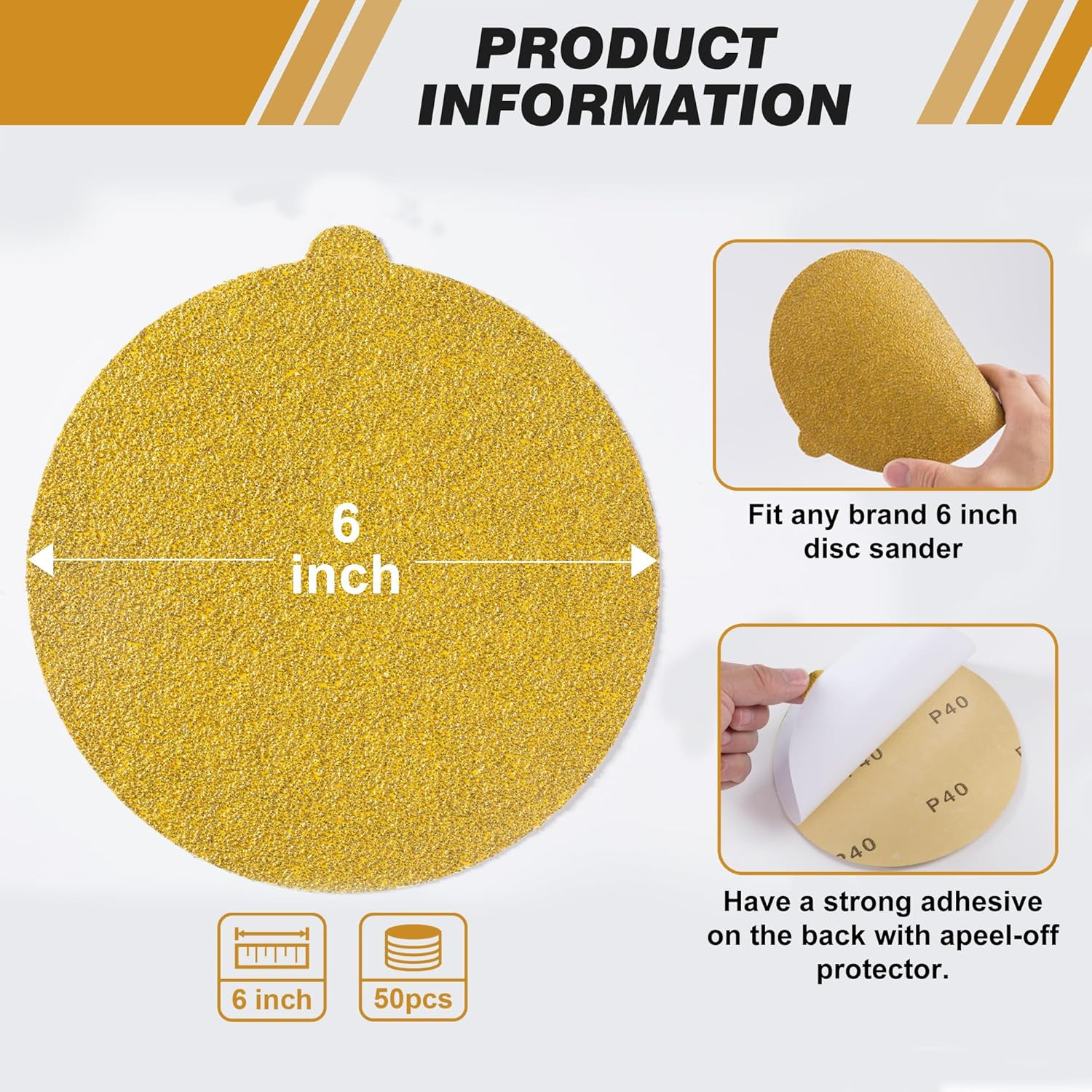 50 PCS 6 Inch PSA Sanding Discs 40 Grit Self Adhesive Sticky-Back Sandpaper for