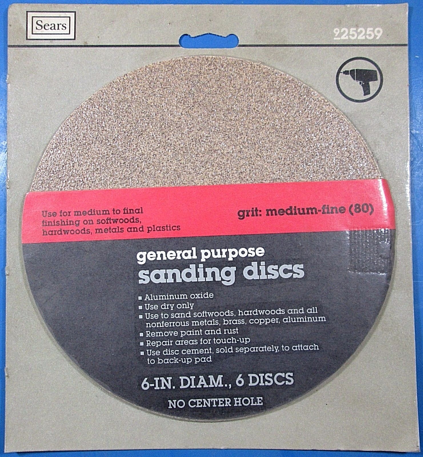 Sears Aluminum Oxide 6″ General Purpose Sanding Discs 80 Grit 25259 6 Pack