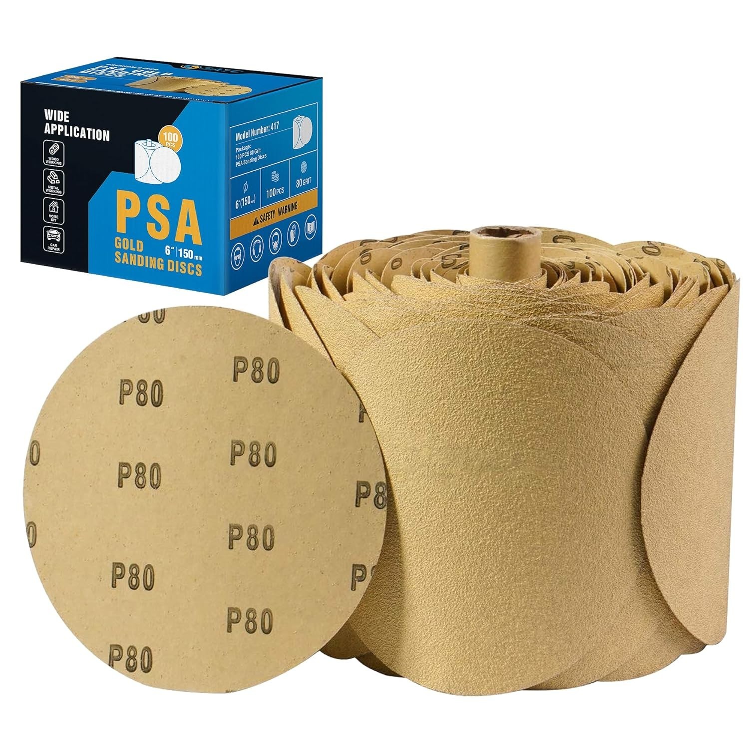 Sanding Discs 6 Inch 80 Grit Adhesive Backed Sandpaper 100pcs for Drill Auto