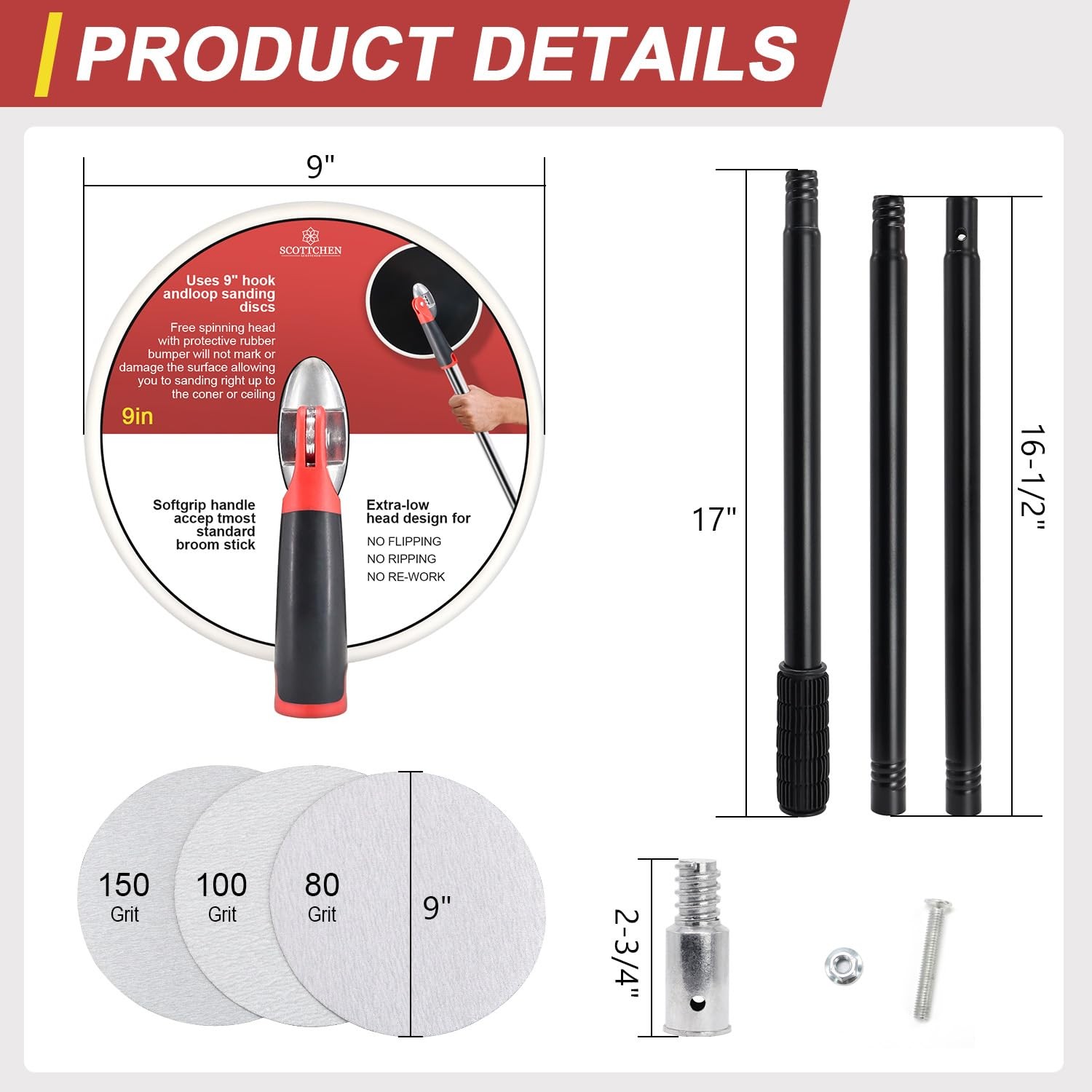 Drywall Pole Sander,9 Inch Radial Round Pole Sander with 47inch Extension Pol…