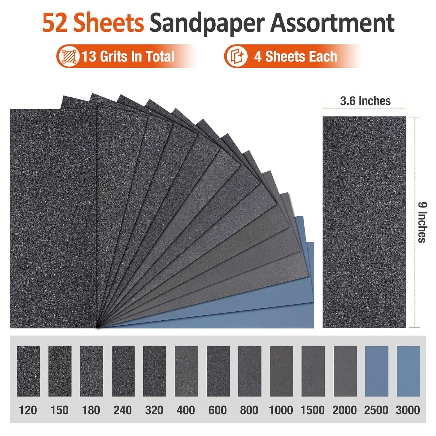 Sand Paper Assortment, 52 Sheets Assorted Grits 120/150/180/240/320/400/600/800/