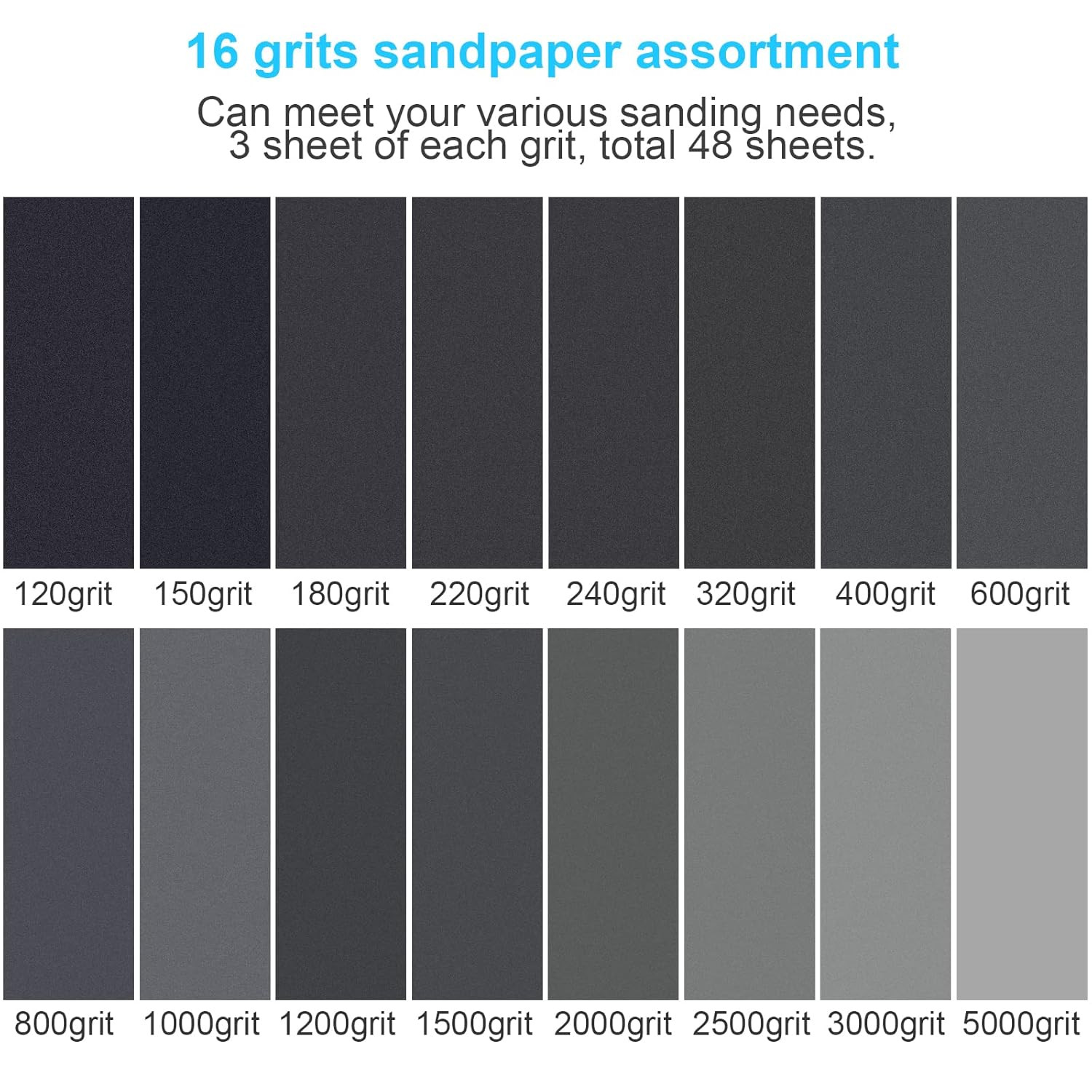 48PCS Assorted Grit Sandpaper, 9X3.6 Inch, Wet/Dry for Wood, Metal, Automotive